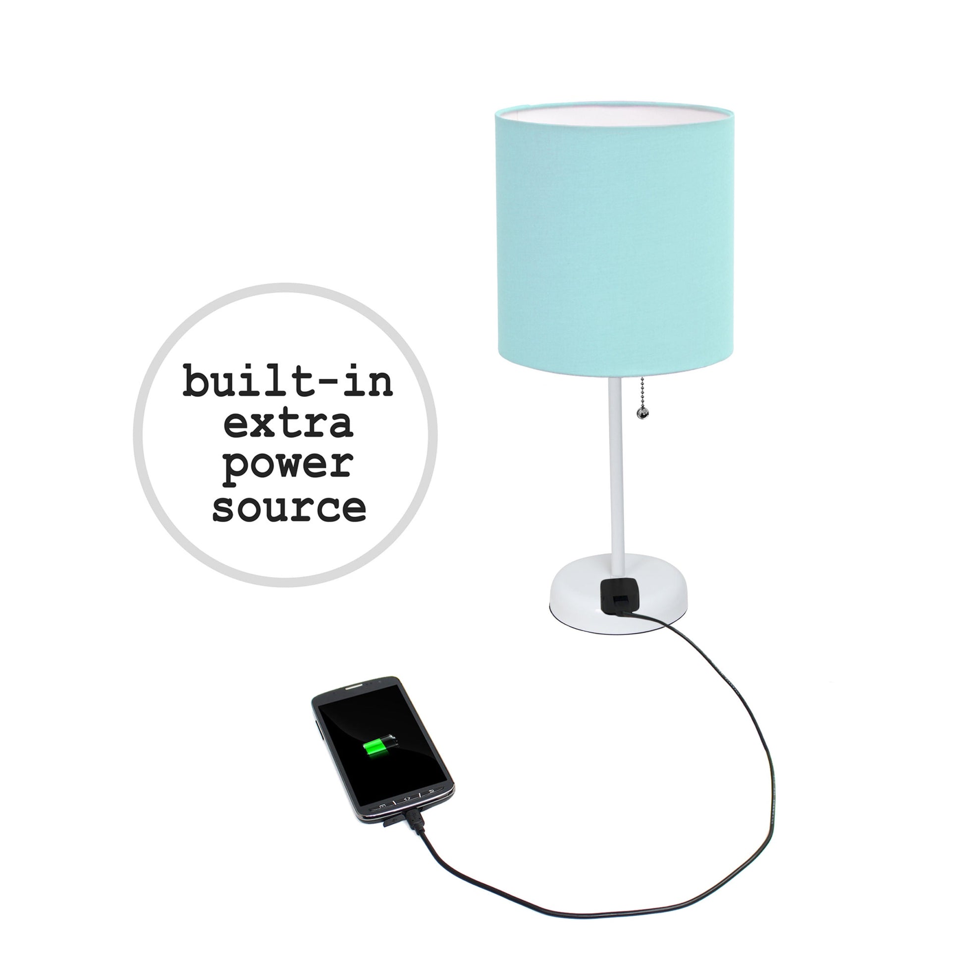 All The Rages LimeLights 2-Piece Aqua Fabric Shade White Lamp With Charging Outlet