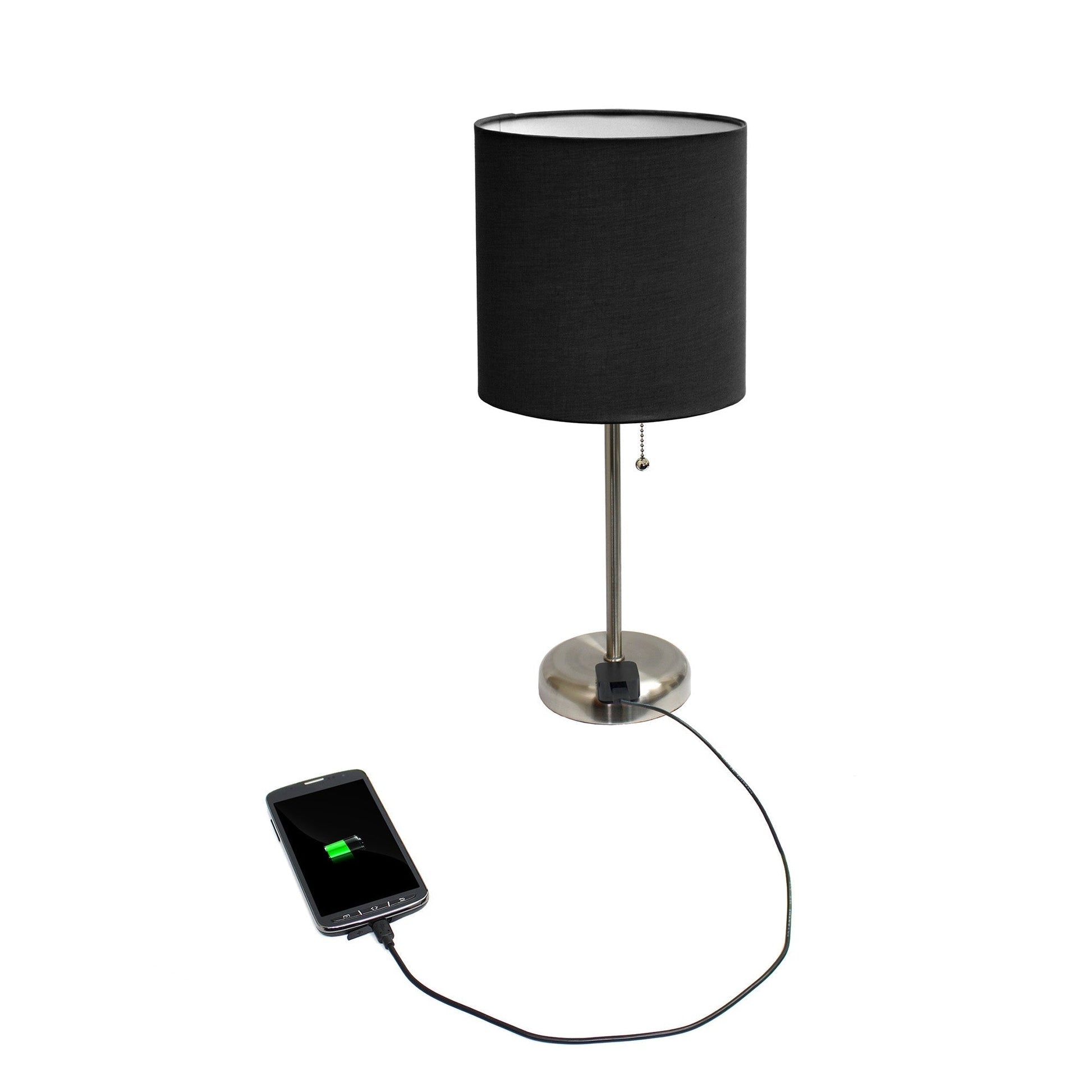 All The Rages LimeLights 2-Piece Black Fabric Shade Brushed Steel Lamp With Charging Outlet