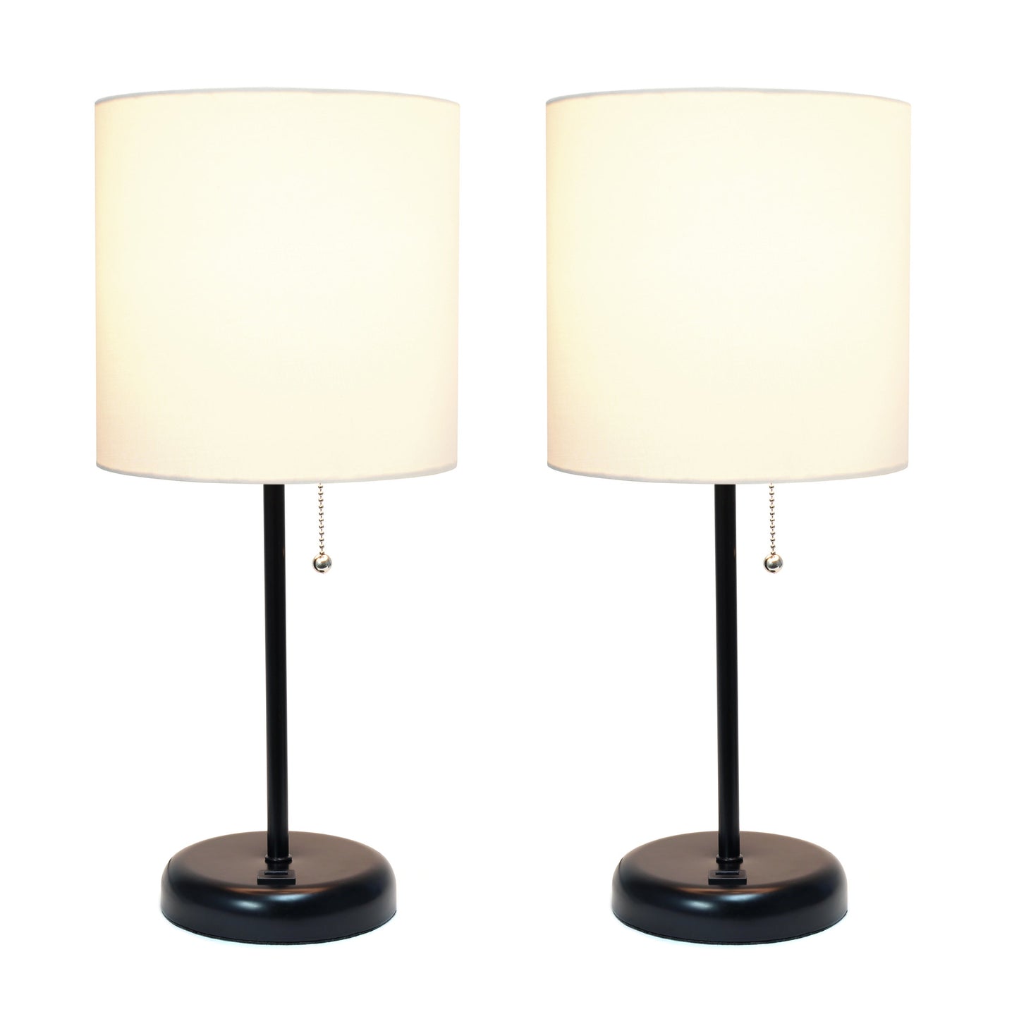 All The Rages LimeLights 2-Piece Black Stick Lamps With USB Charging Port & White Fabric Shades
