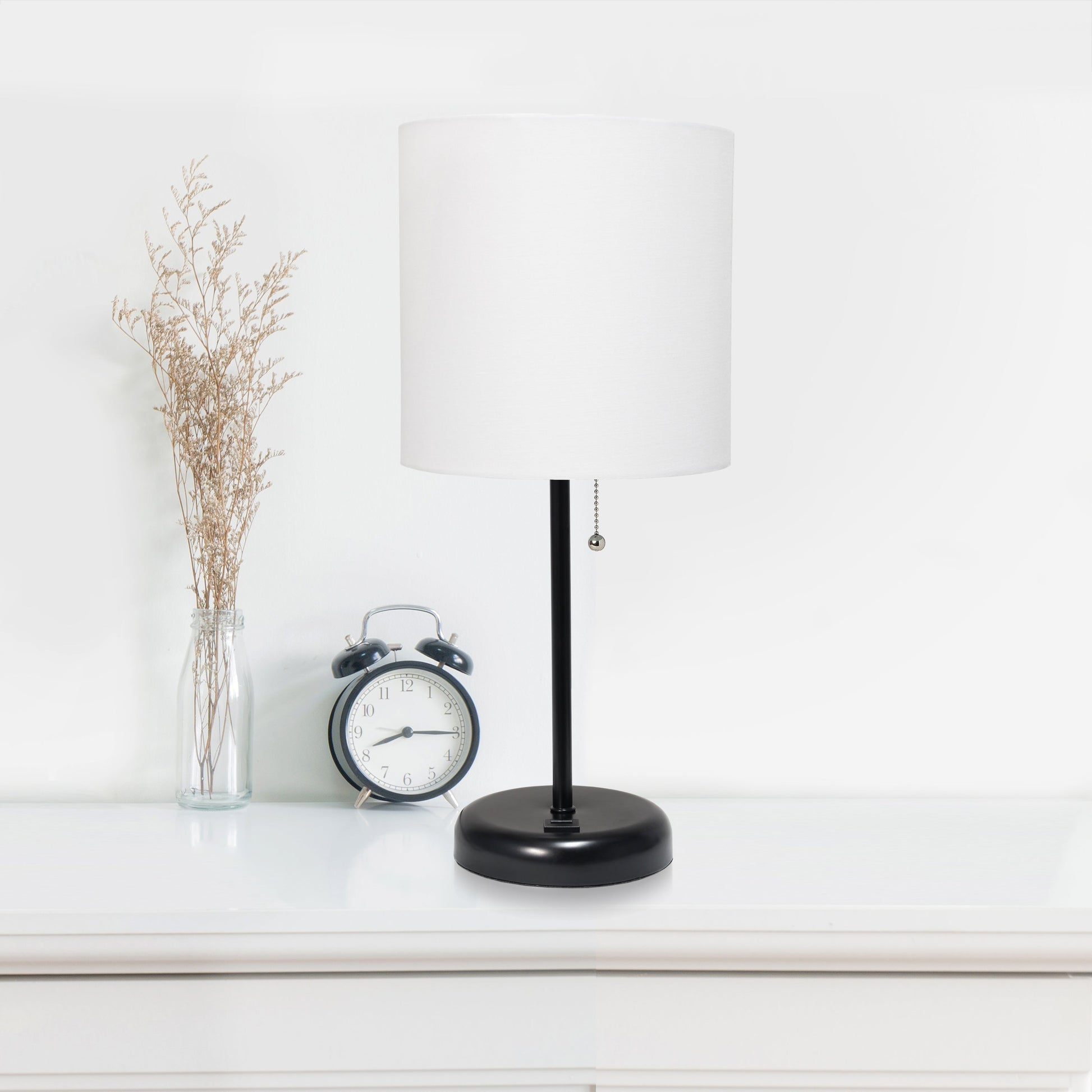 All The Rages LimeLights 2-Piece Black Stick Lamps With USB Charging Port & White Fabric Shades