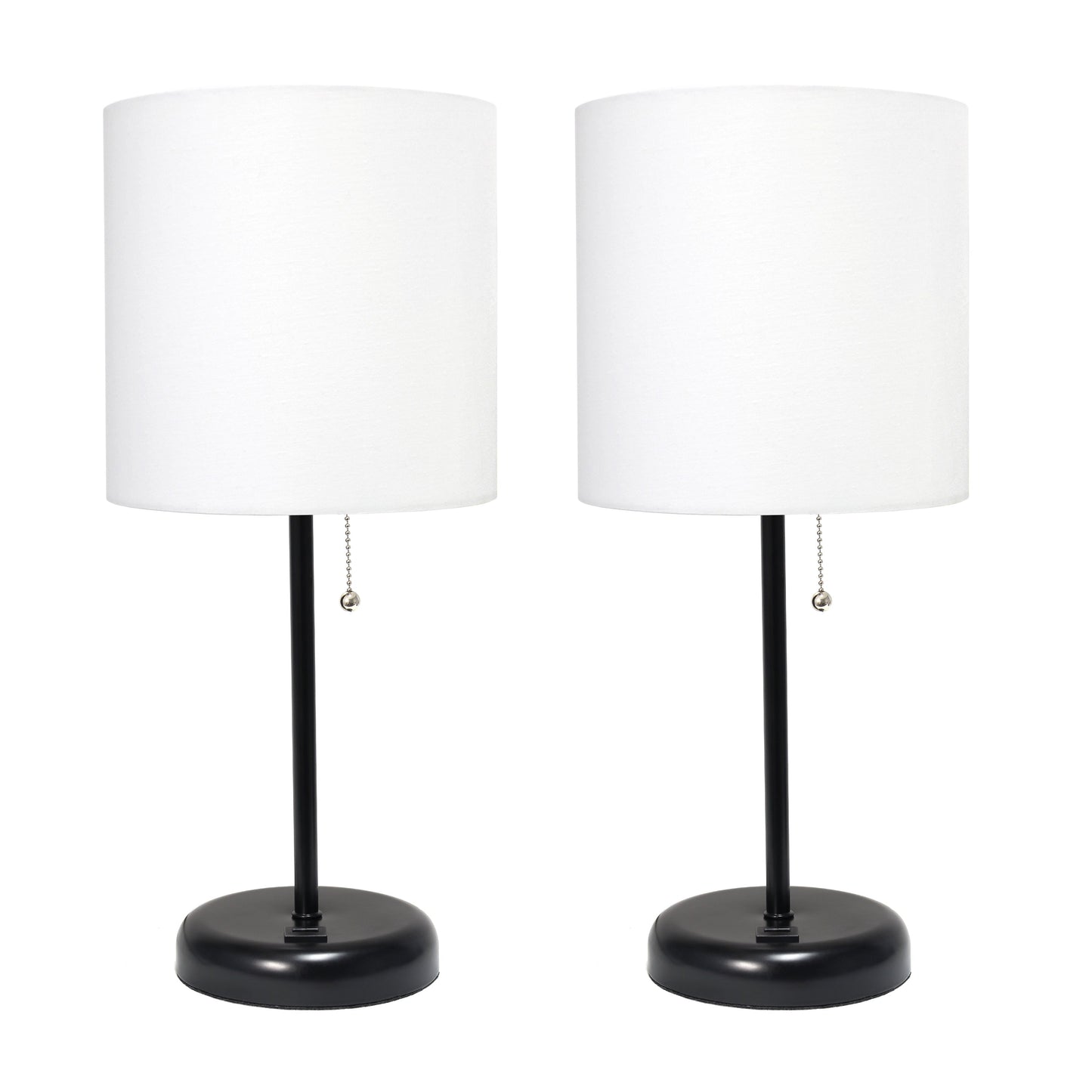 All The Rages LimeLights 2-Piece Black Stick Lamps With USB Charging Port & White Fabric Shades