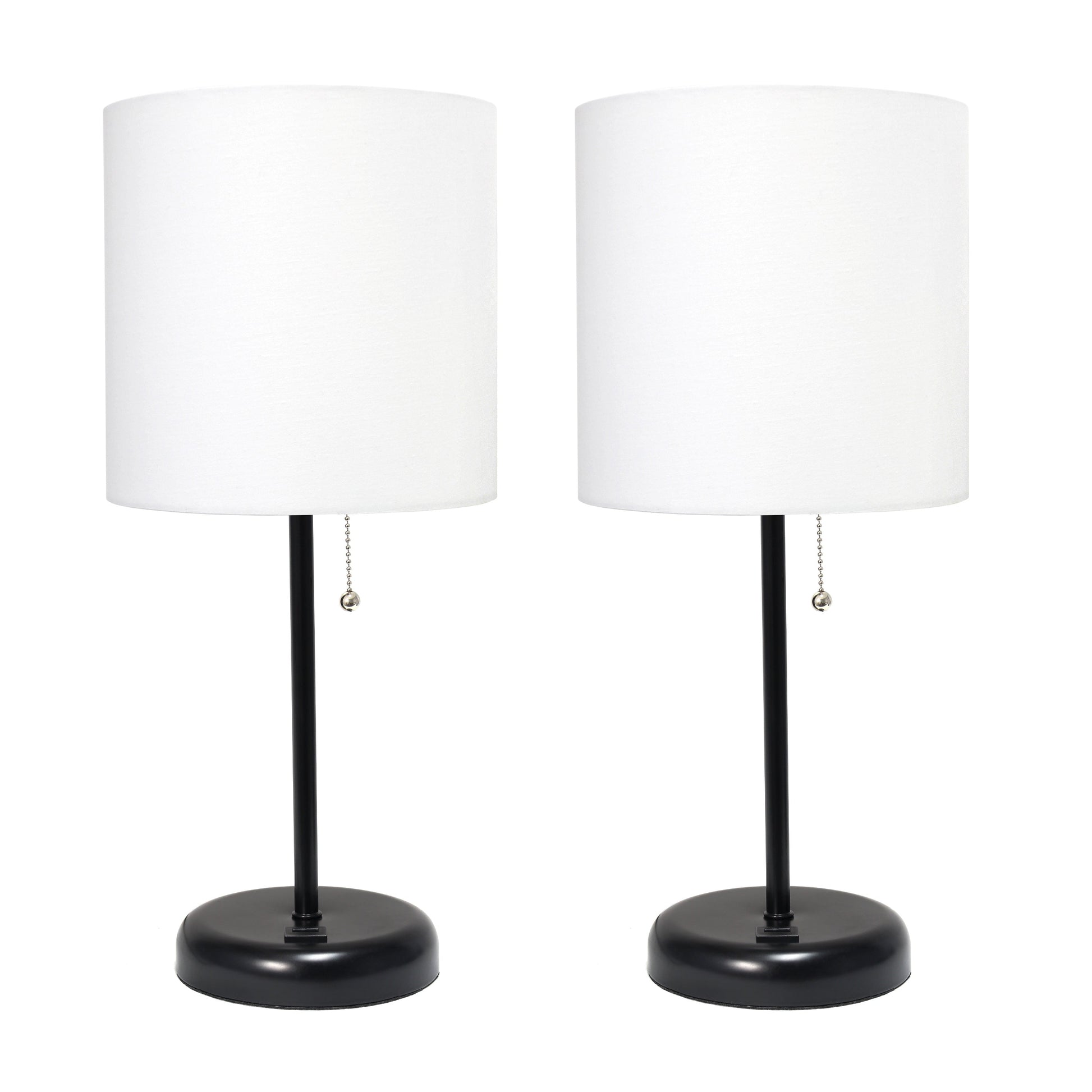 All The Rages LimeLights 2-Piece Black Stick Lamps With USB Charging Port & White Fabric Shades