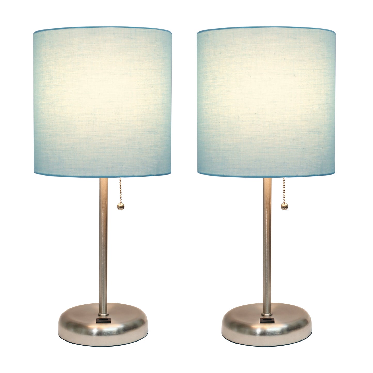 All The Rages LimeLights 2-Piece Brushed Steel Stick Lamps With USB Charging Port & Aqua Fabric Shades
