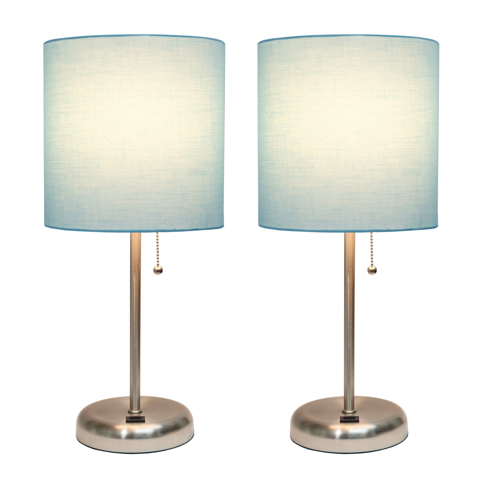 All The Rages LimeLights 2-Piece Brushed Steel Stick Lamps With USB Charging Port & Aqua Fabric Shades