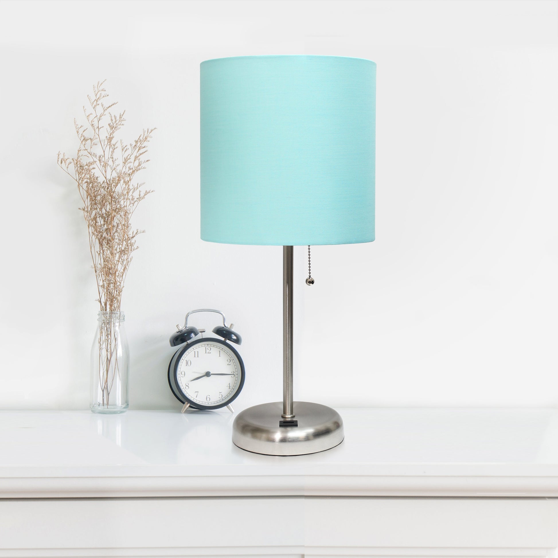 All The Rages LimeLights 2-Piece Brushed Steel Stick Lamps With USB Charging Port & Aqua Fabric Shades