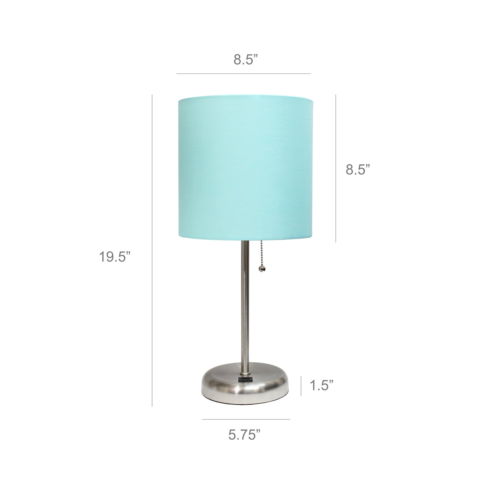 All The Rages LimeLights 2-Piece Brushed Steel Stick Lamps With USB Charging Port & Aqua Fabric Shades