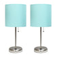 All The Rages LimeLights 2-Piece Brushed Steel Stick Lamps With USB Charging Port & Aqua Fabric Shades