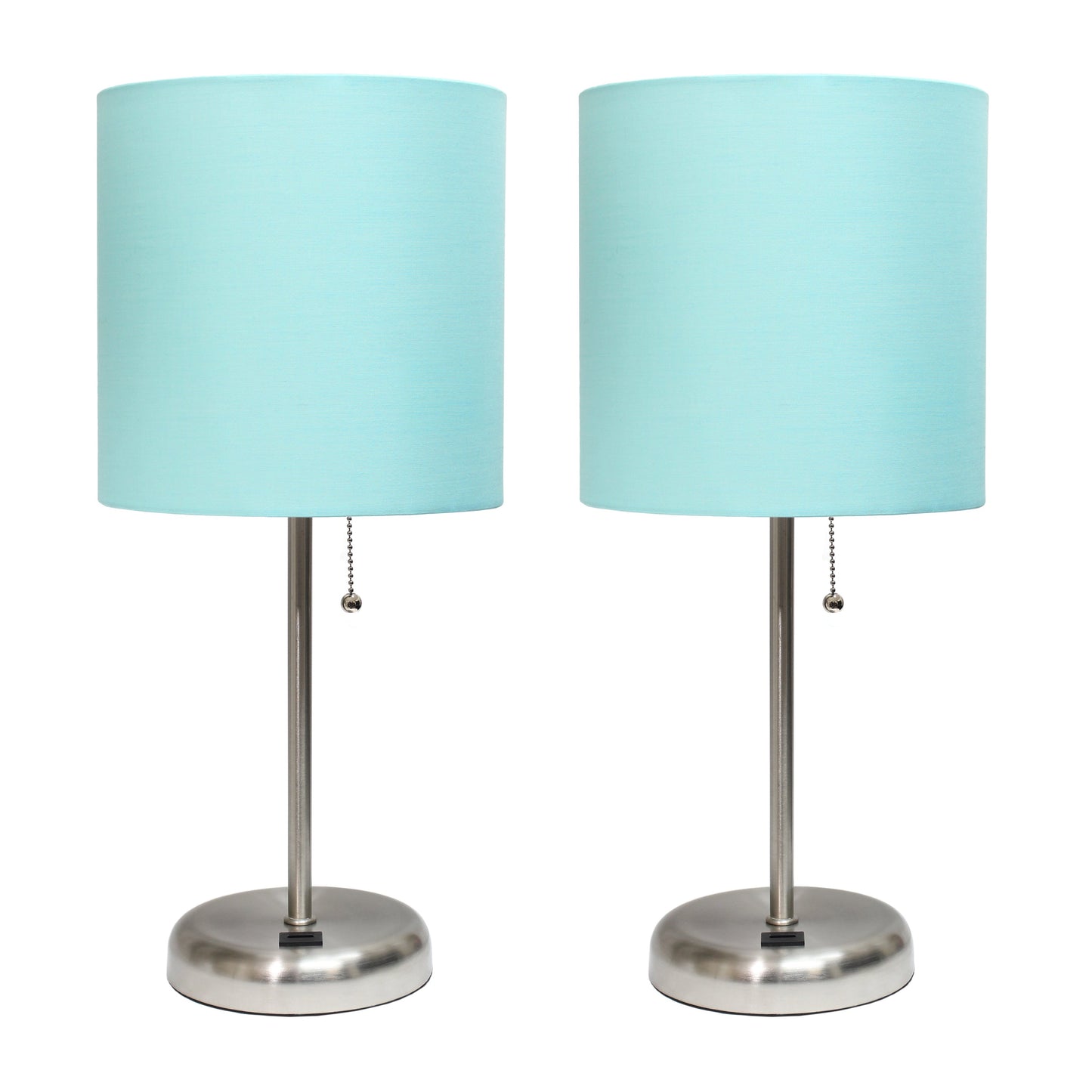 All The Rages LimeLights 2-Piece Brushed Steel Stick Lamps With USB Charging Port & Aqua Fabric Shades