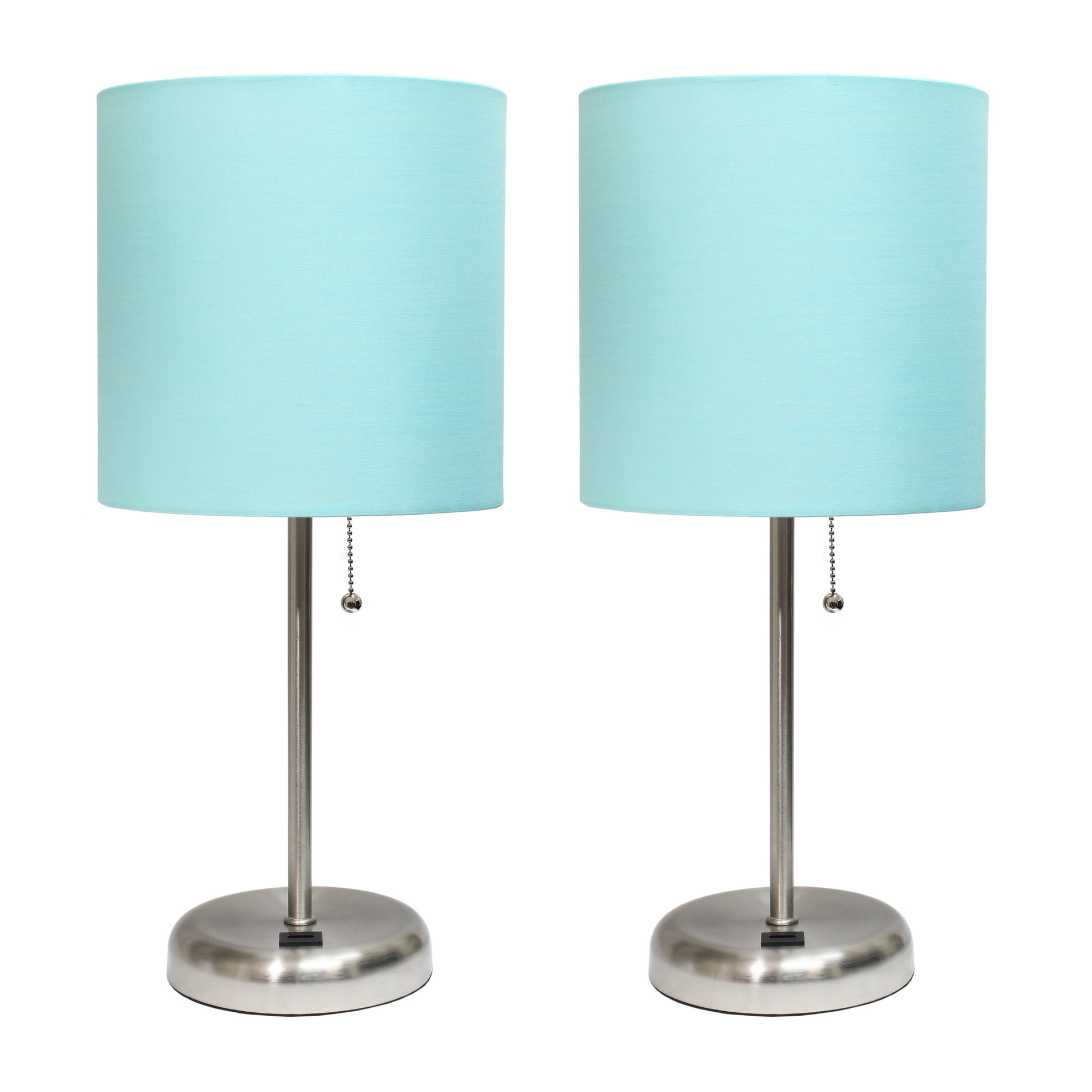 All The Rages LimeLights 2-Piece Brushed Steel Stick Lamps With USB Charging Port & Aqua Fabric Shades