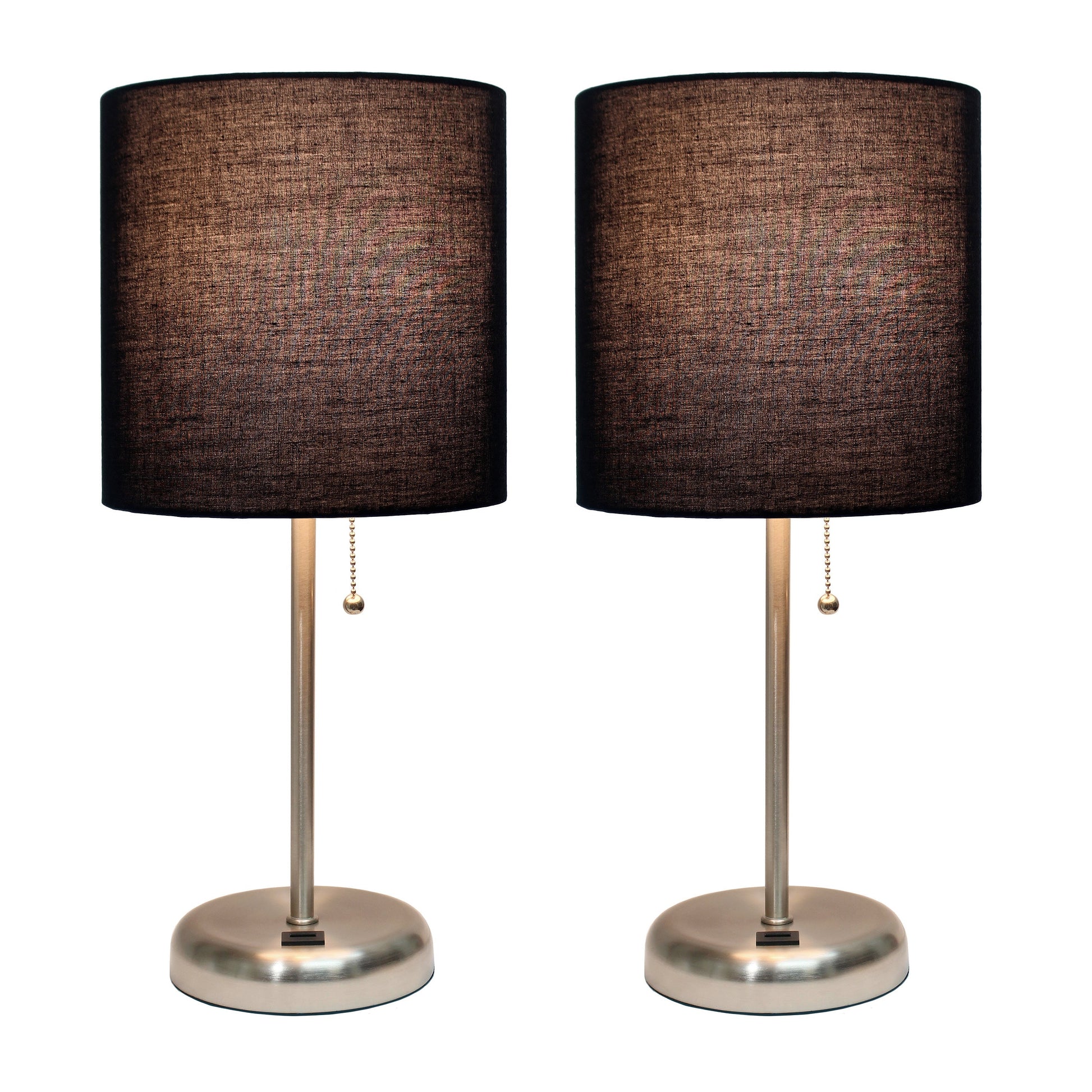 All The Rages LimeLights 2-Piece Brushed Steel Stick Lamps With USB Charging Port & Black Fabric Shades