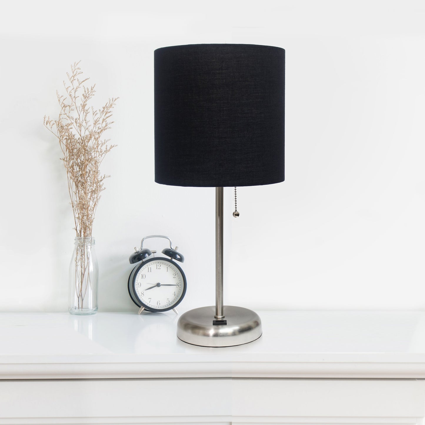 All The Rages LimeLights 2-Piece Brushed Steel Stick Lamps With USB Charging Port & Black Fabric Shades