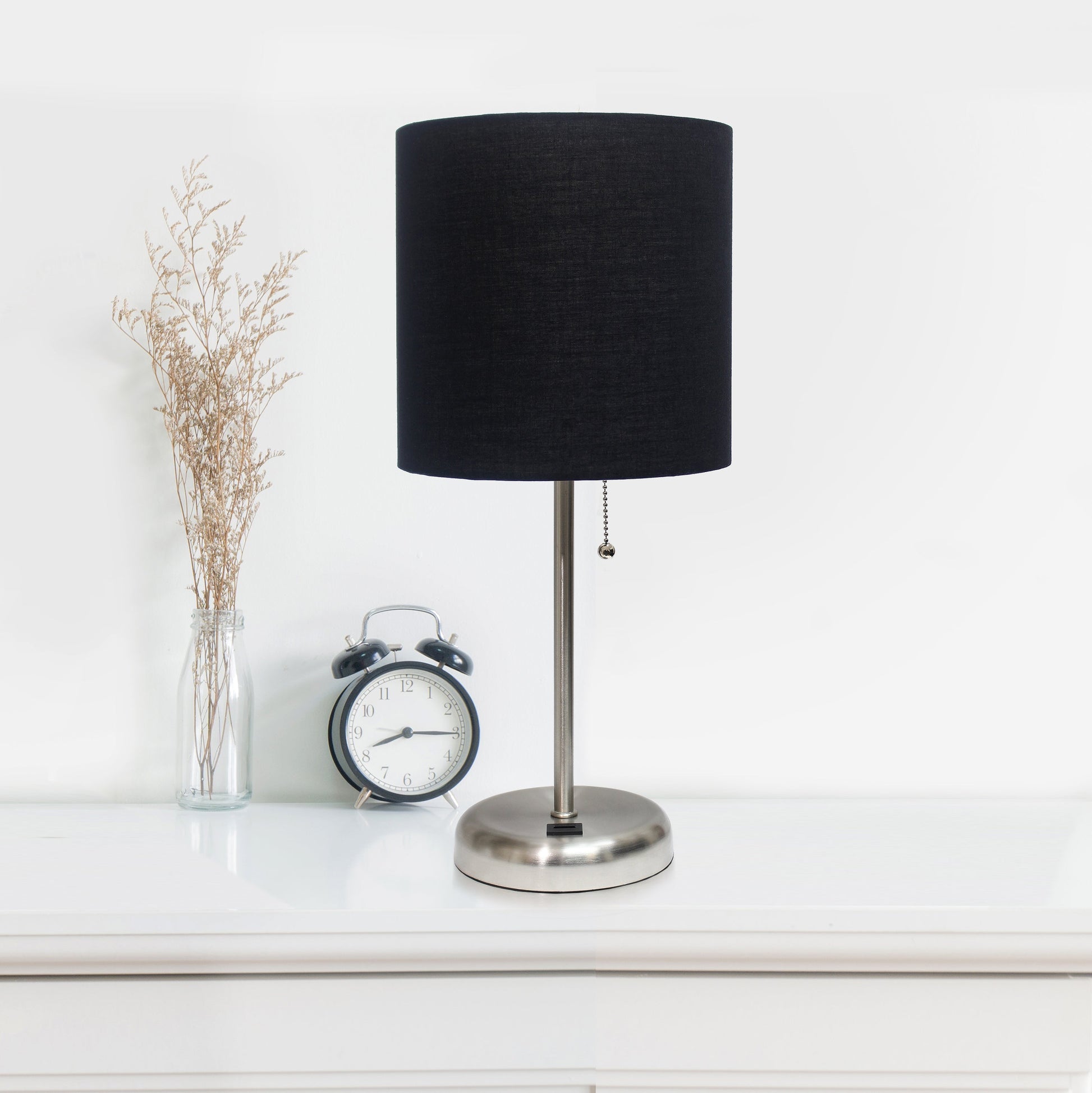 All The Rages LimeLights 2-Piece Brushed Steel Stick Lamps With USB Charging Port & Black Fabric Shades