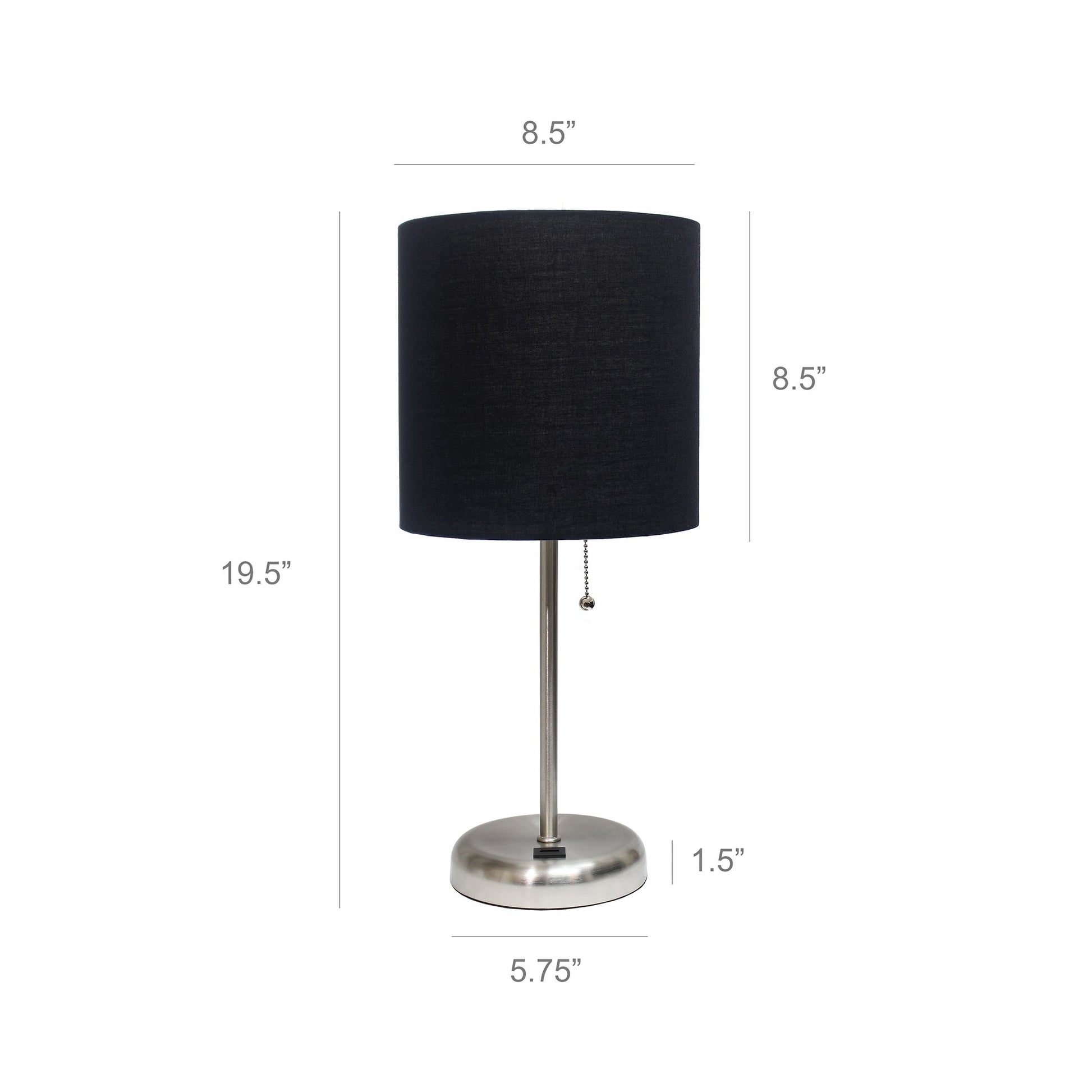 All The Rages LimeLights 2-Piece Brushed Steel Stick Lamps With USB Charging Port & Black Fabric Shades