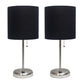 All The Rages LimeLights 2-Piece Brushed Steel Stick Lamps With USB Charging Port & Black Fabric Shades