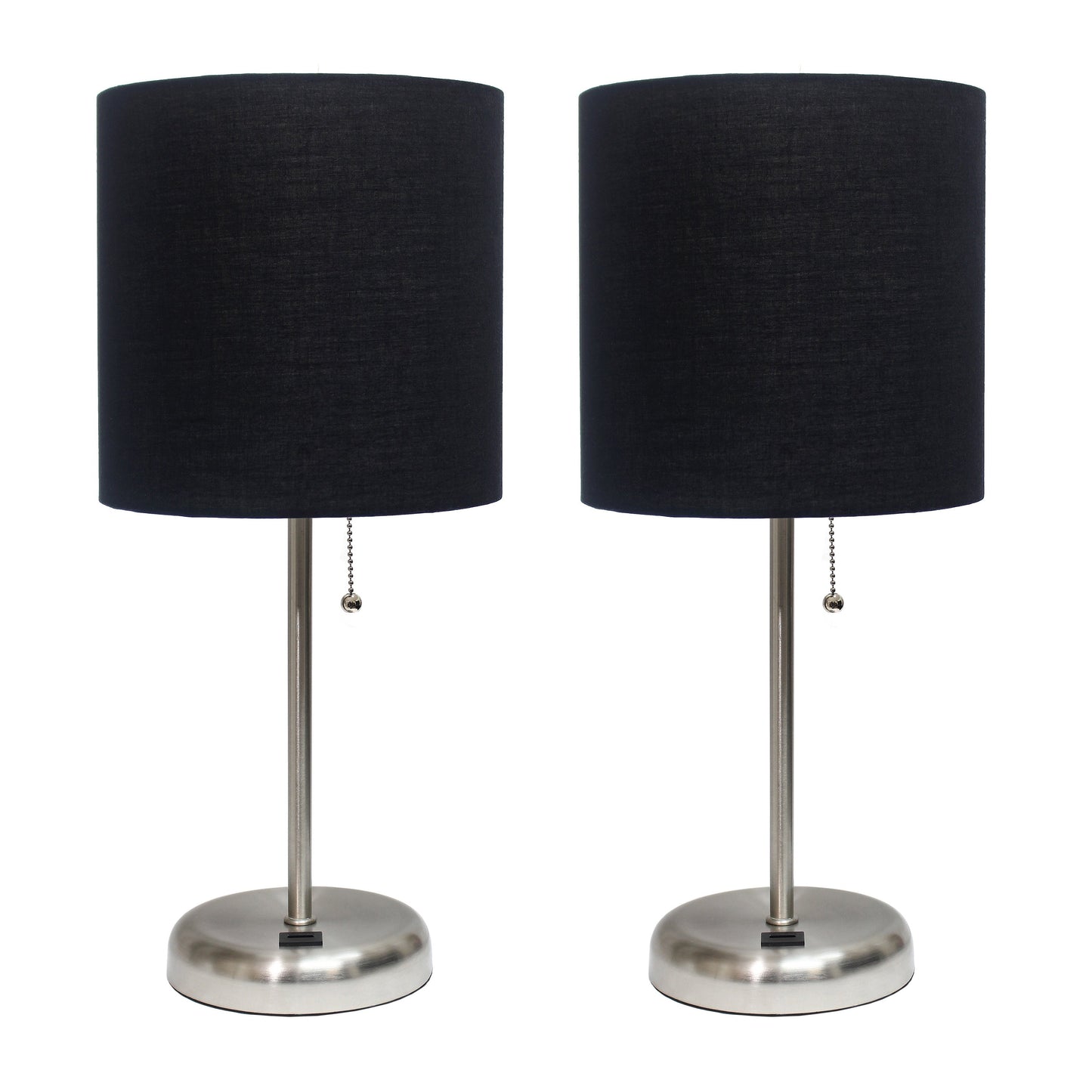 All The Rages LimeLights 2-Piece Brushed Steel Stick Lamps With USB Charging Port & Black Fabric Shades