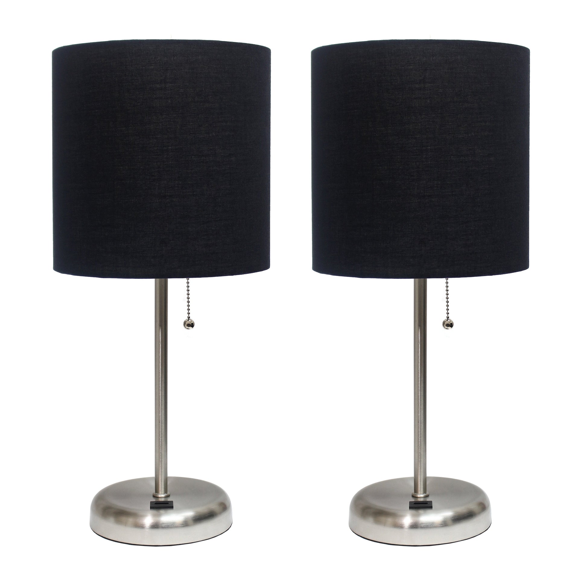 All The Rages LimeLights 2-Piece Brushed Steel Stick Lamps With USB Charging Port & Black Fabric Shades