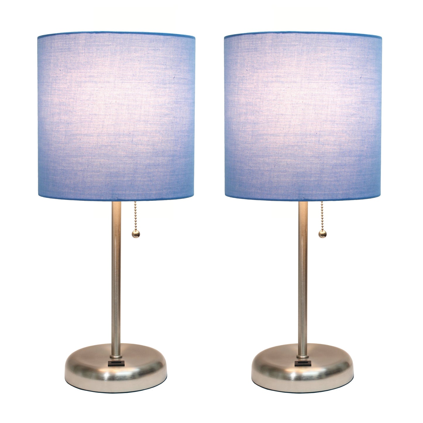 All The Rages LimeLights 2-Piece Brushed Steel Stick Lamps With USB Charging Port & Blue Fabric Shades