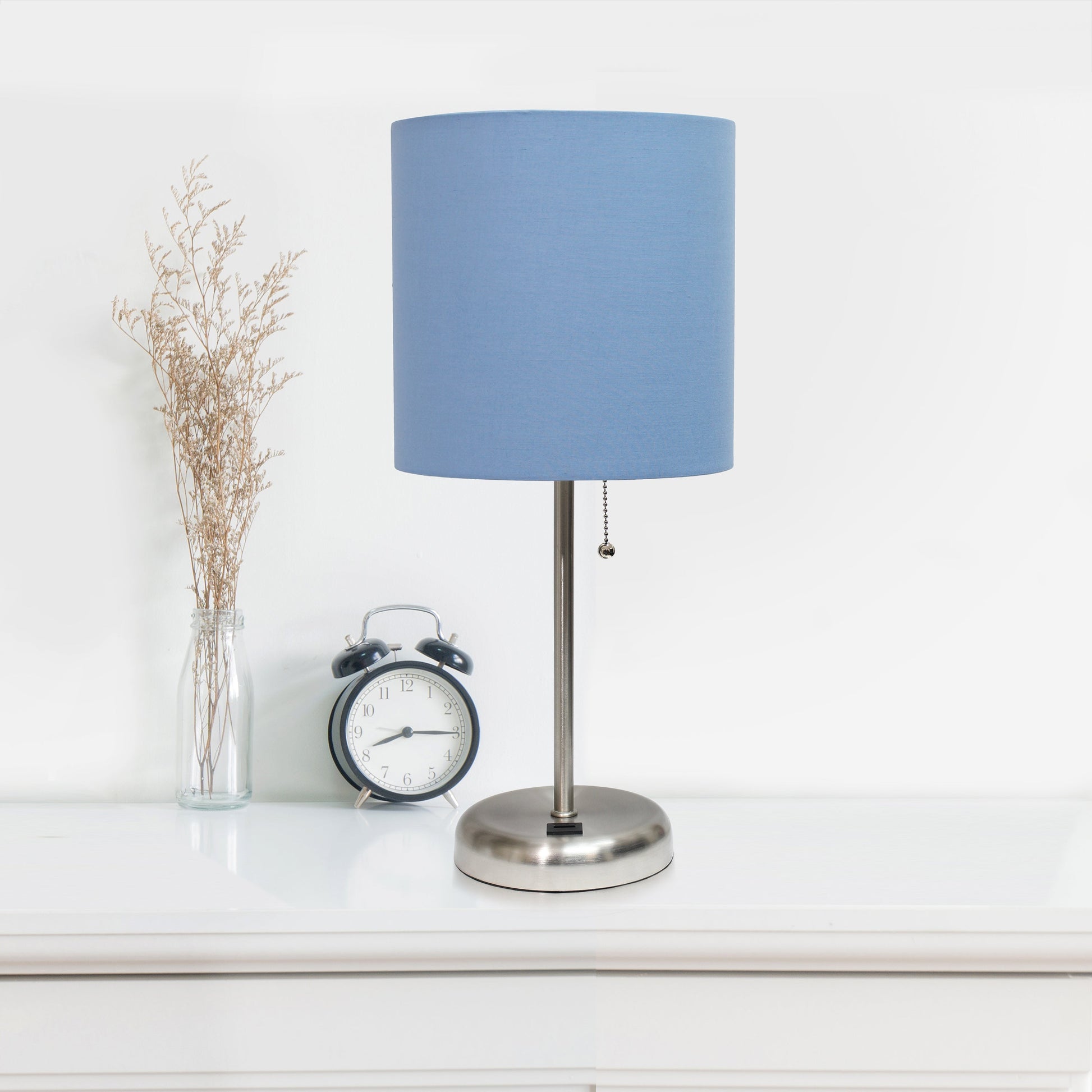 All The Rages LimeLights 2-Piece Brushed Steel Stick Lamps With USB Charging Port & Blue Fabric Shades