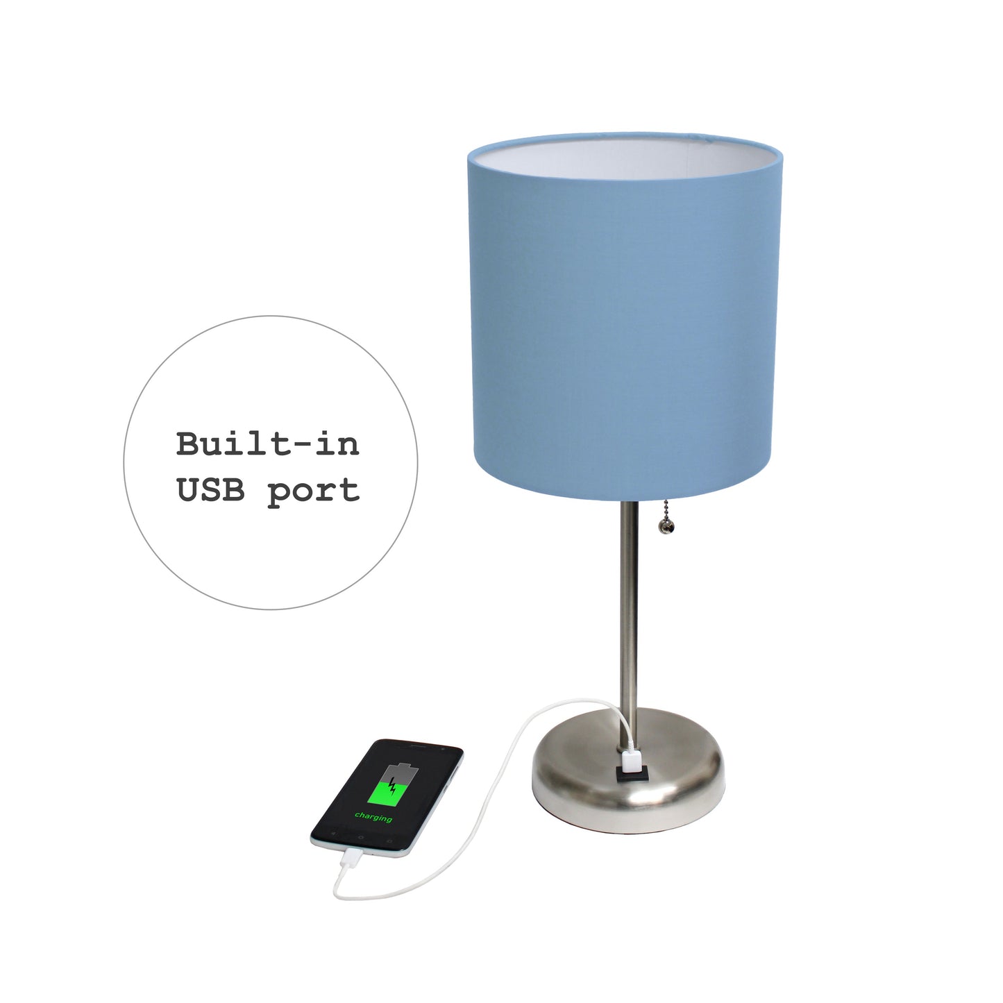 All The Rages LimeLights 2-Piece Brushed Steel Stick Lamps With USB Charging Port & Blue Fabric Shades