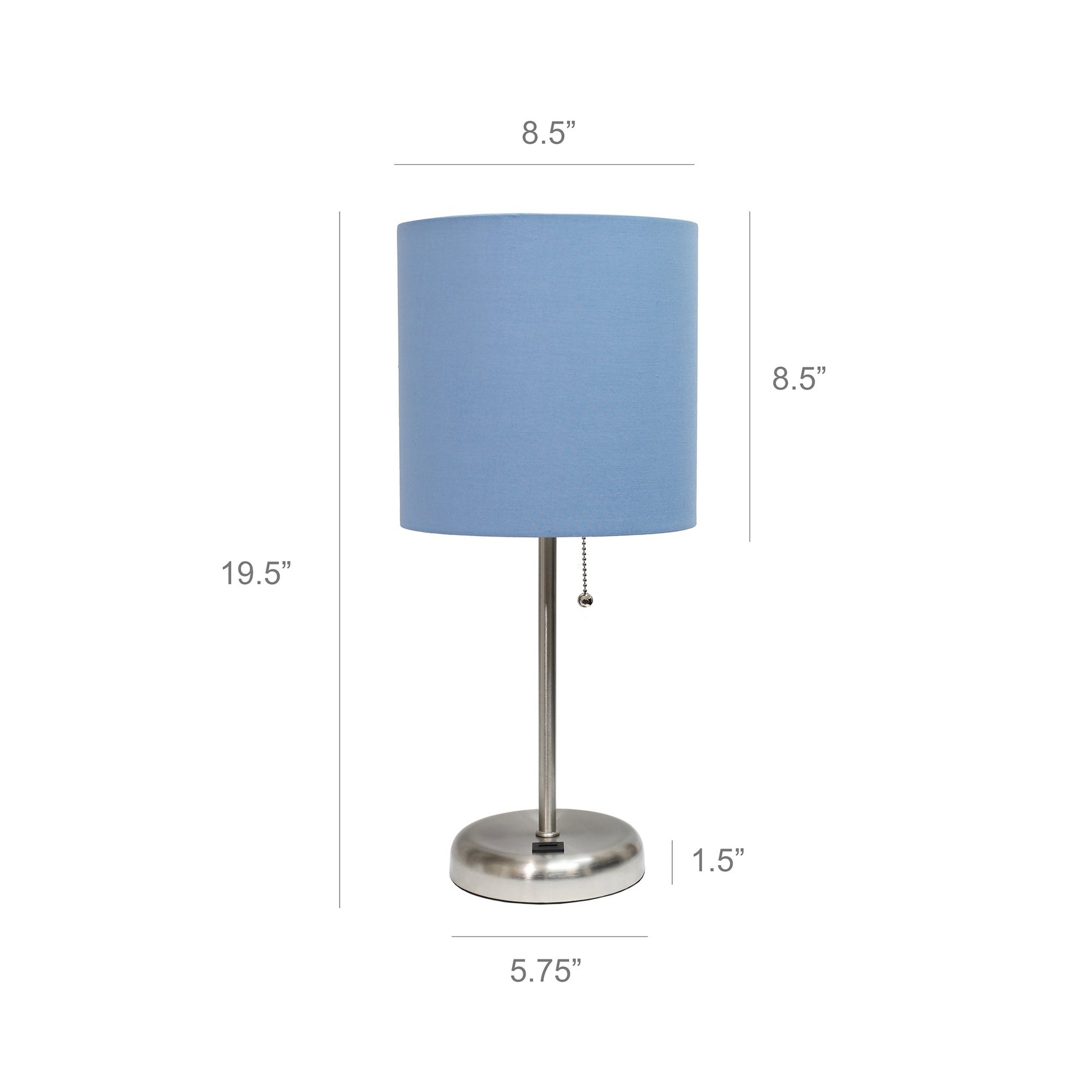All The Rages LimeLights 2-Piece Brushed Steel Stick Lamps With USB Charging Port & Blue Fabric Shades