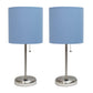 All The Rages LimeLights 2-Piece Brushed Steel Stick Lamps With USB Charging Port & Blue Fabric Shades