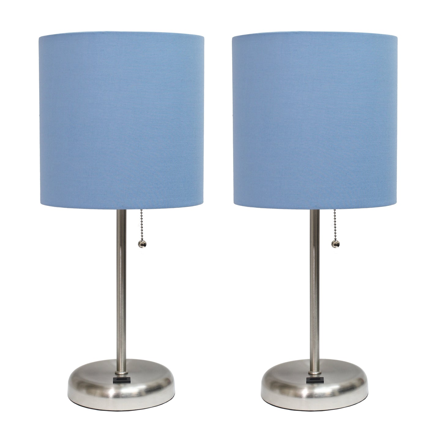 All The Rages LimeLights 2-Piece Brushed Steel Stick Lamps With USB Charging Port & Blue Fabric Shades