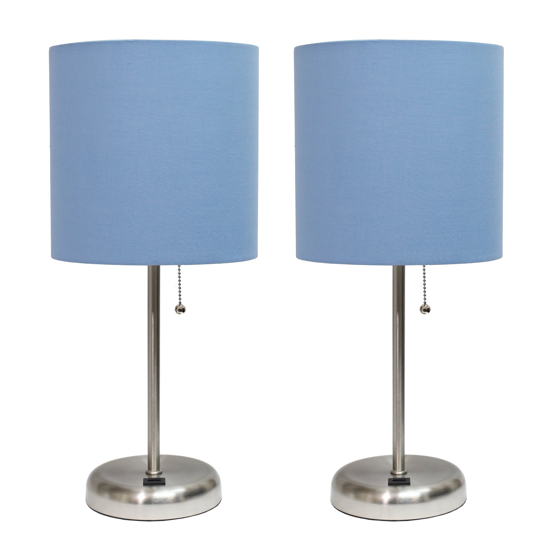 All The Rages LimeLights 2-Piece Brushed Steel Stick Lamps With USB Charging Port & Blue Fabric Shades