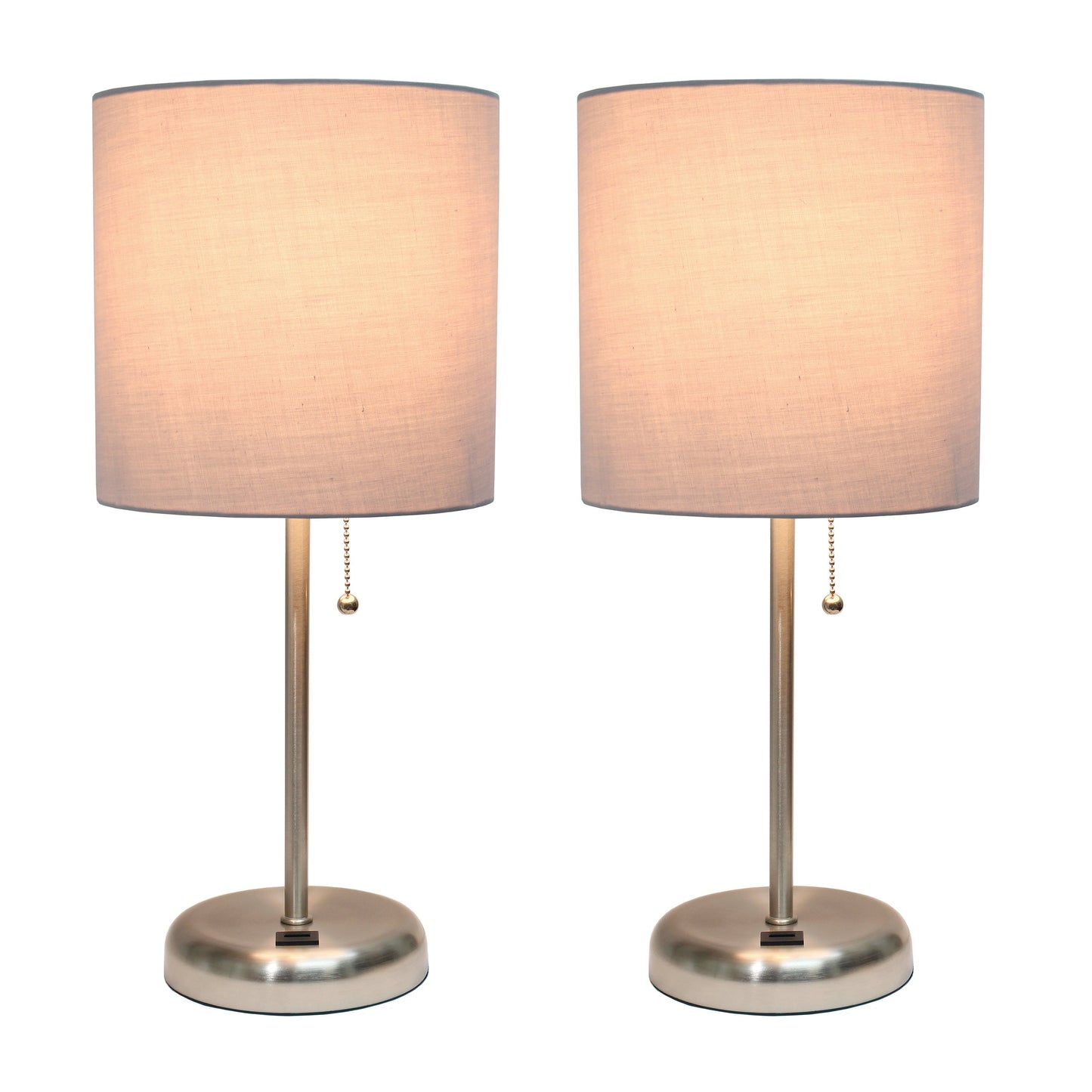 All The Rages LimeLights 2-Piece Brushed Steel Stick Lamps With USB Charging Port & Gray Fabric Shades