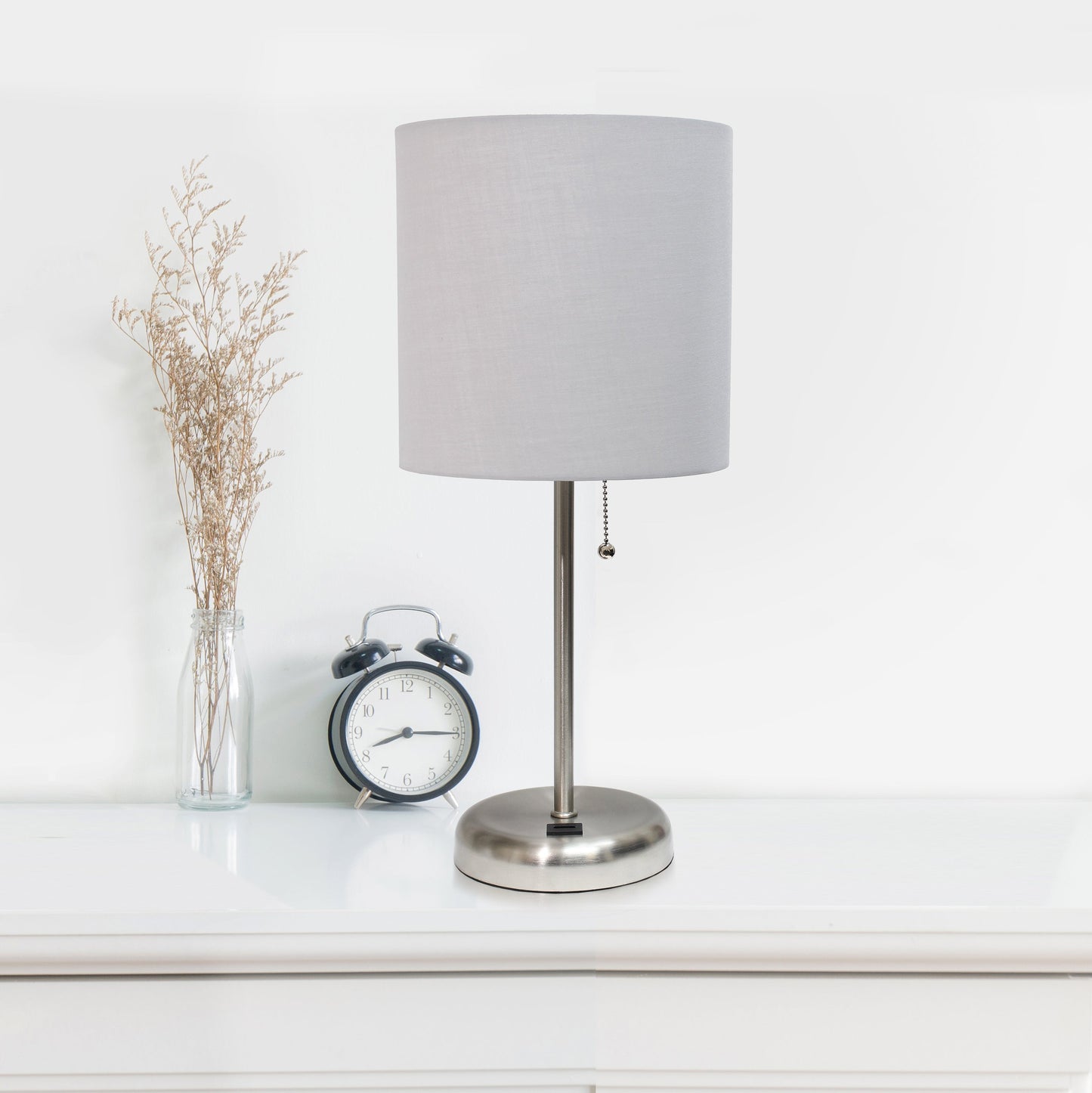 All The Rages LimeLights 2-Piece Brushed Steel Stick Lamps With USB Charging Port & Gray Fabric Shades