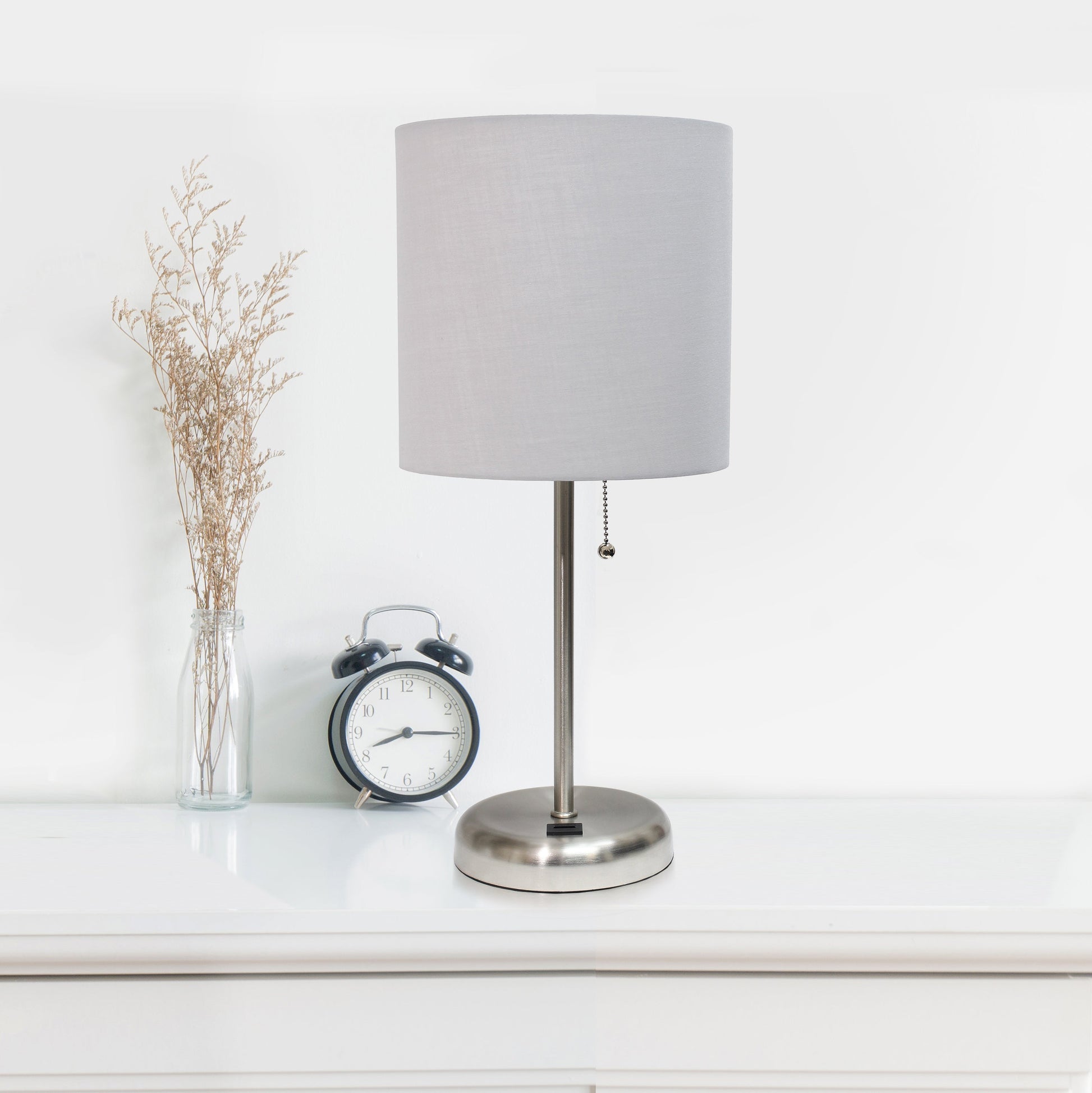 All The Rages LimeLights 2-Piece Brushed Steel Stick Lamps With USB Charging Port & Gray Fabric Shades