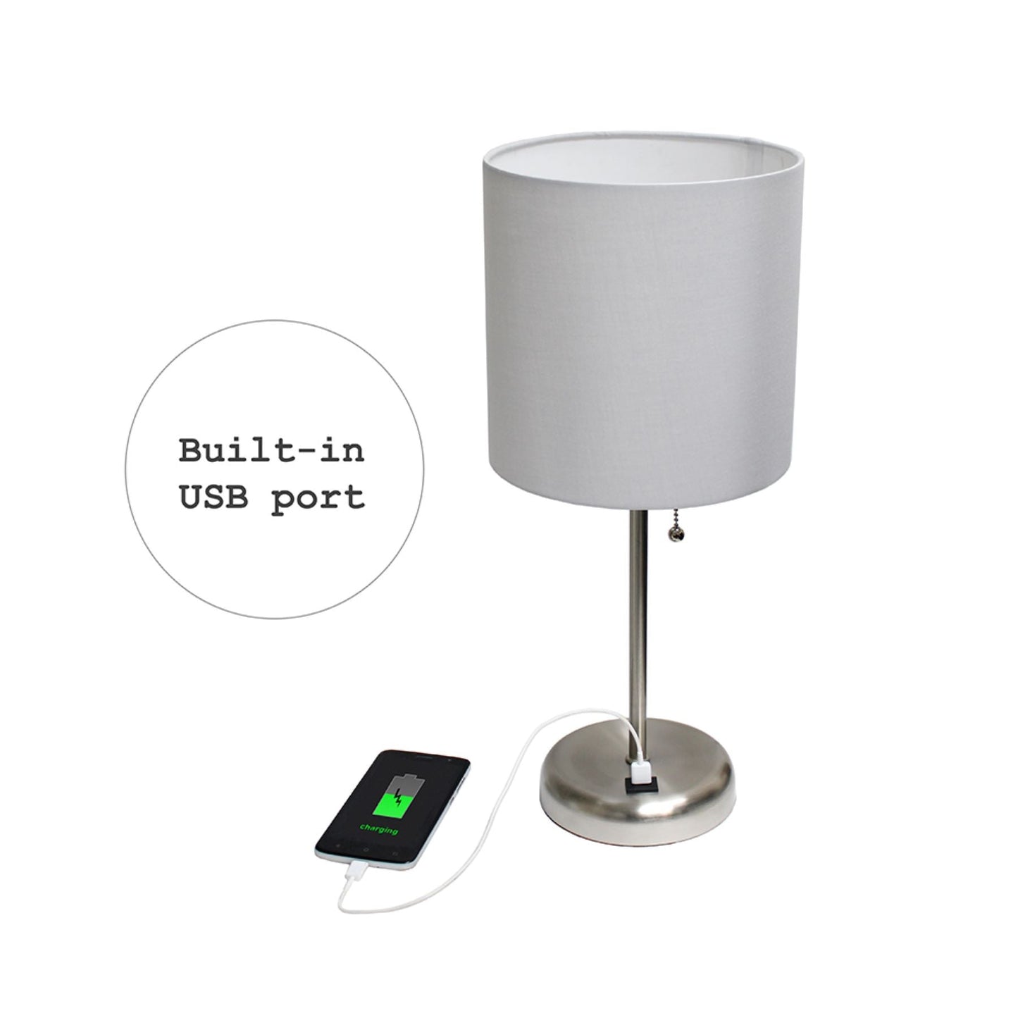 All The Rages LimeLights 2-Piece Brushed Steel Stick Lamps With USB Charging Port & Gray Fabric Shades