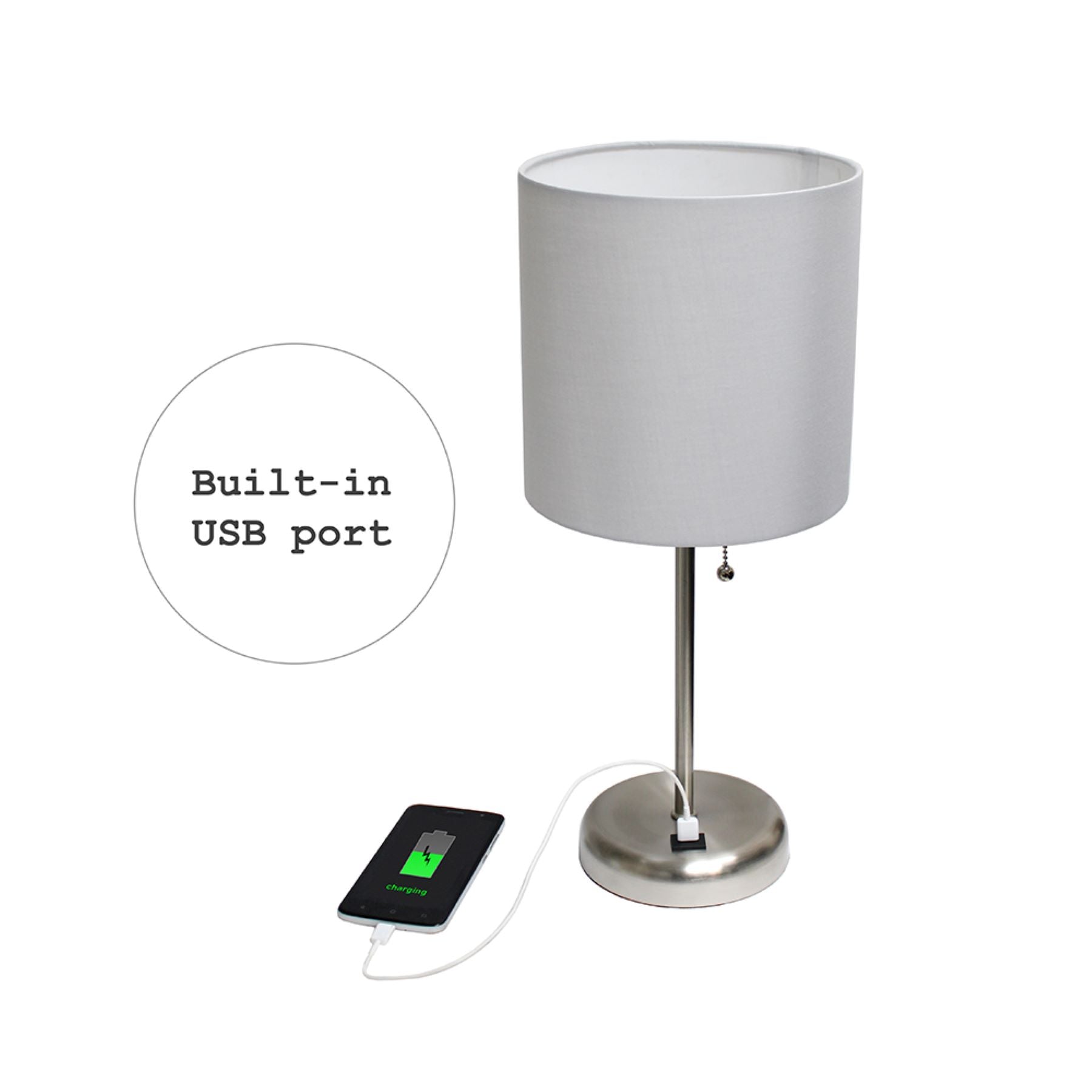 All The Rages LimeLights 2-Piece Brushed Steel Stick Lamps With USB Charging Port & Gray Fabric Shades