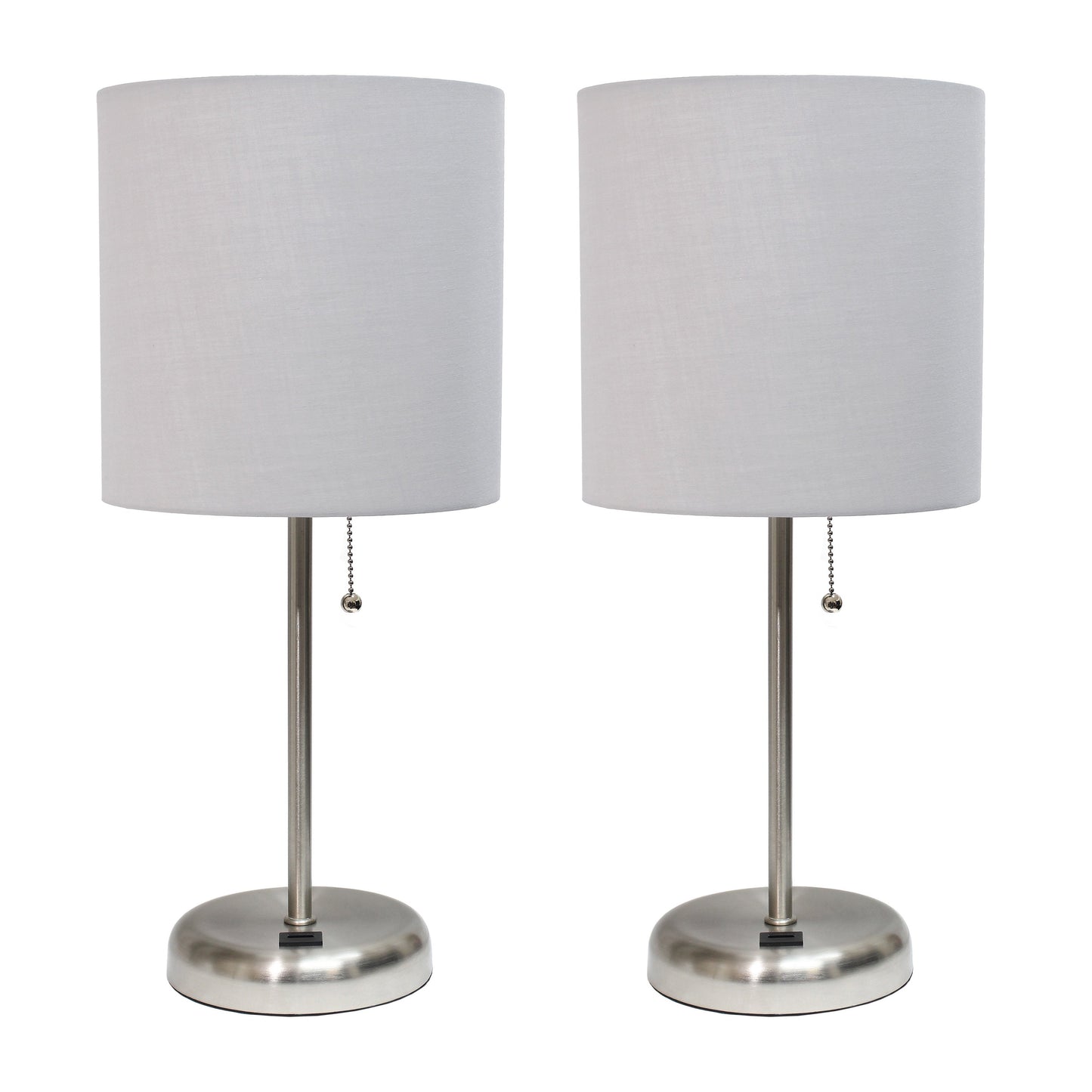 All The Rages LimeLights 2-Piece Brushed Steel Stick Lamps With USB Charging Port & Gray Fabric Shades
