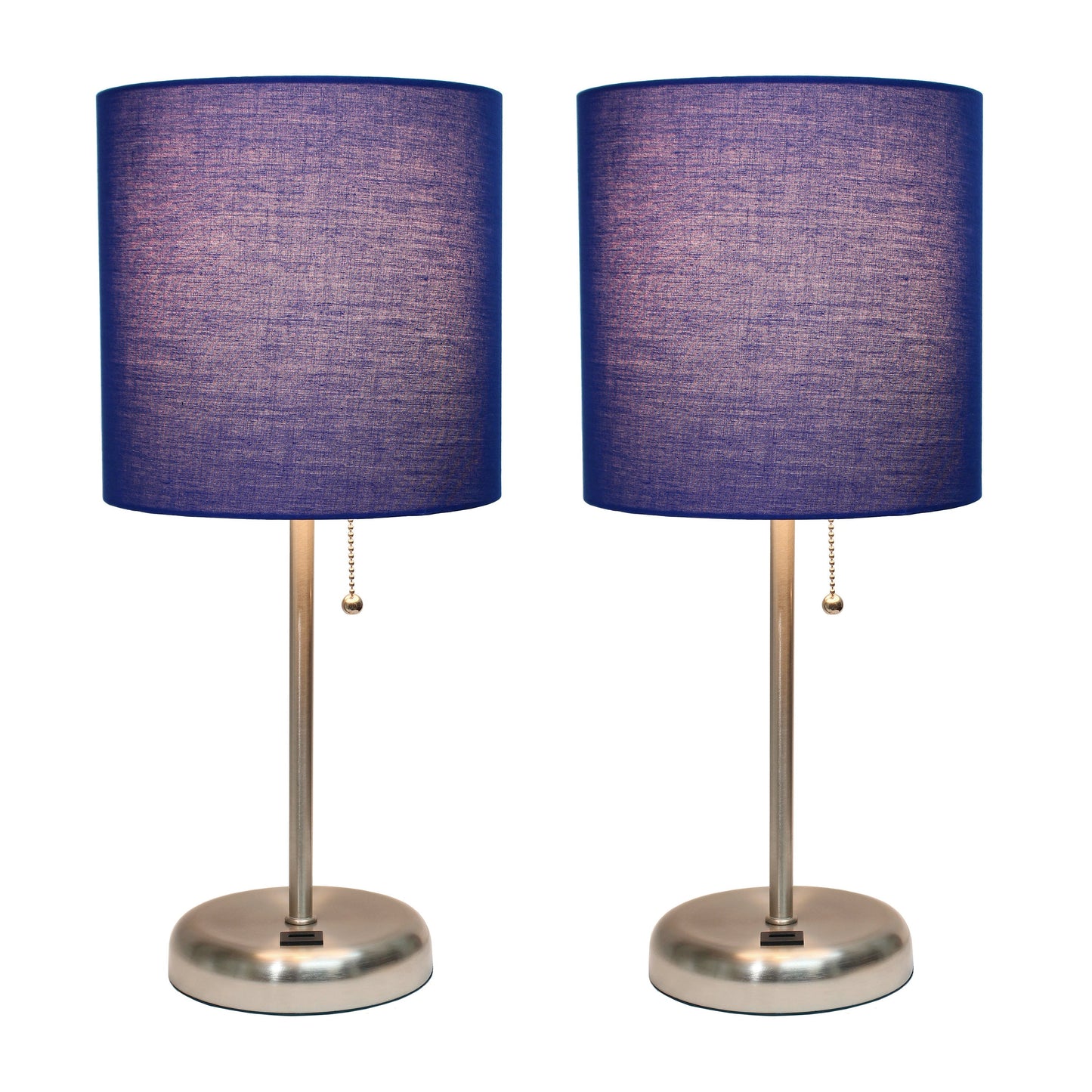 All The Rages LimeLights 2-Piece Brushed Steel Stick Lamps With USB Charging Port & Light Navy Fabric Shades