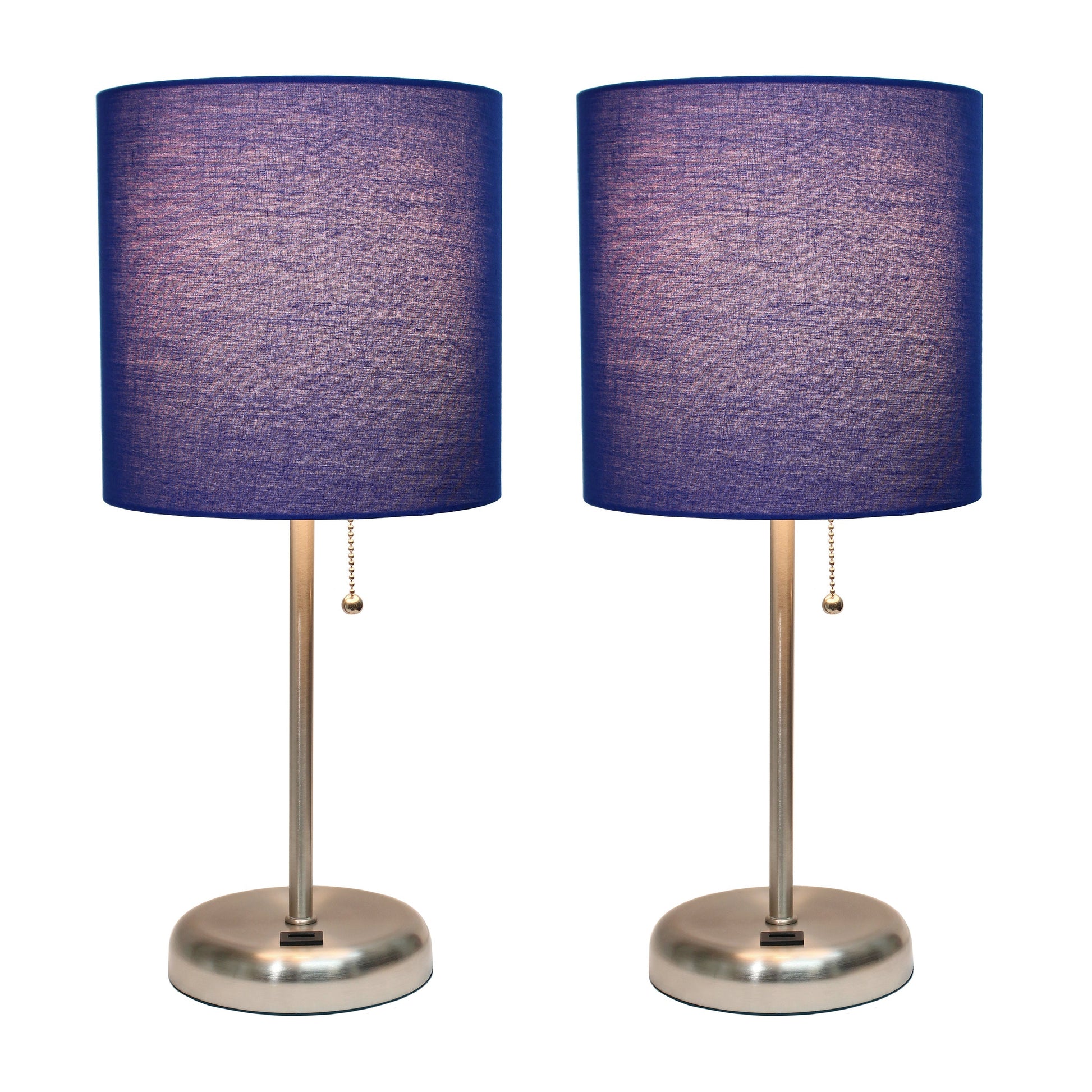 All The Rages LimeLights 2-Piece Brushed Steel Stick Lamps With USB Charging Port & Light Navy Fabric Shades