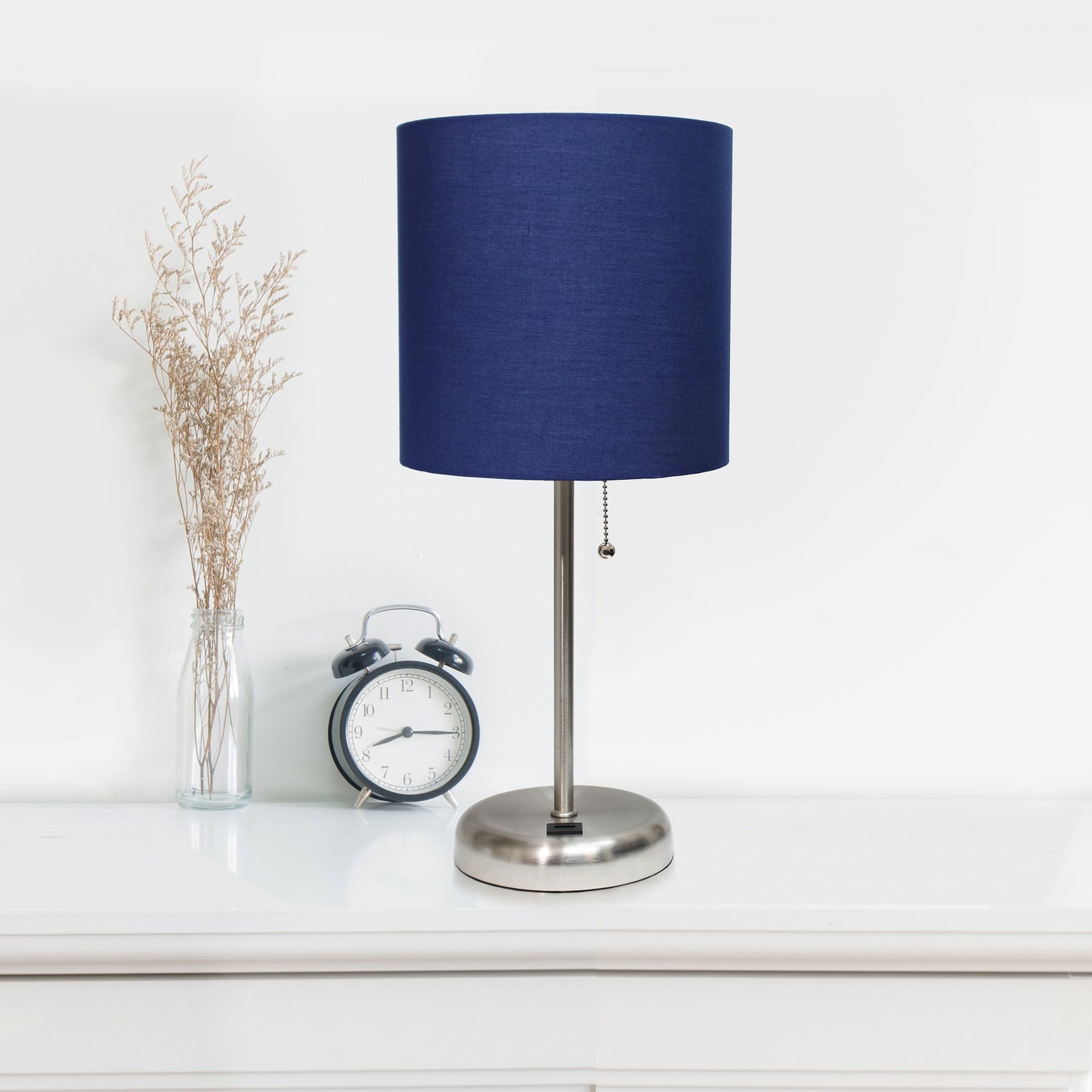 All The Rages LimeLights 2-Piece Brushed Steel Stick Lamps With USB Charging Port & Light Navy Fabric Shades
