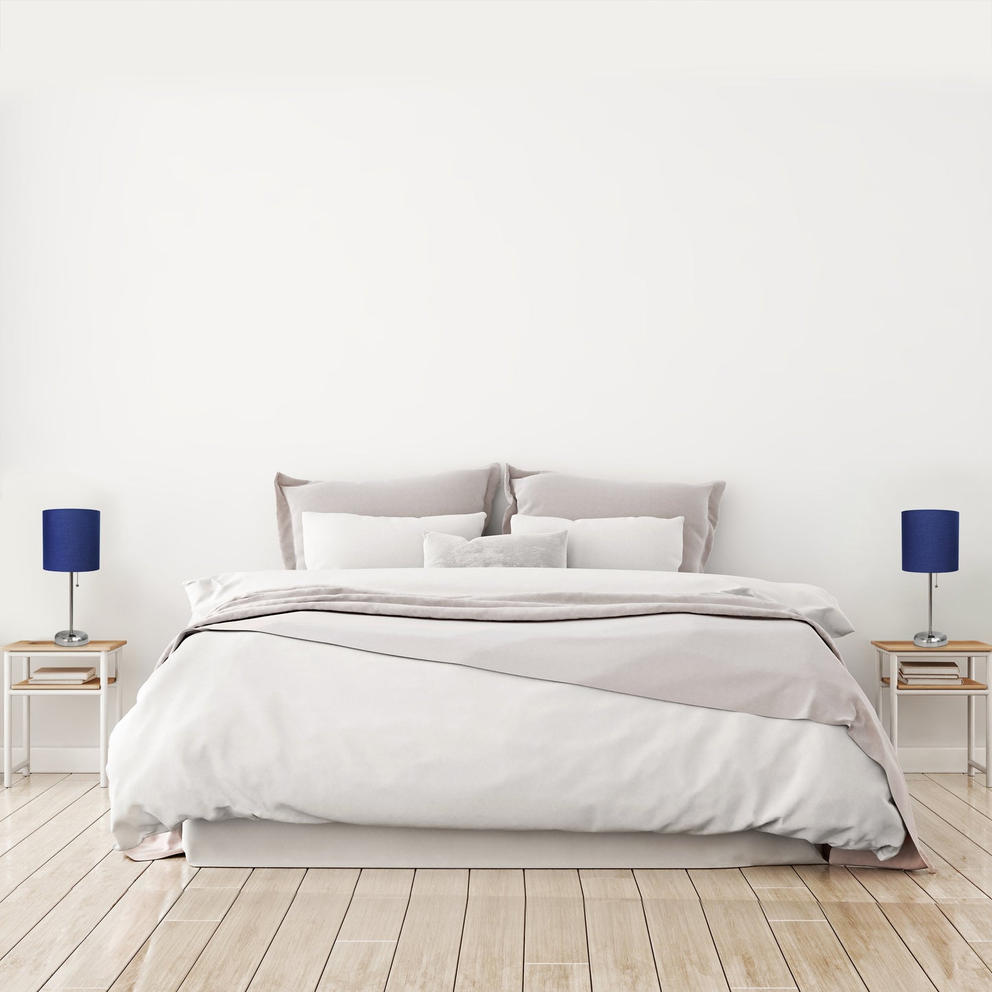 All The Rages LimeLights 2-Piece Brushed Steel Stick Lamps With USB Charging Port & Light Navy Fabric Shades