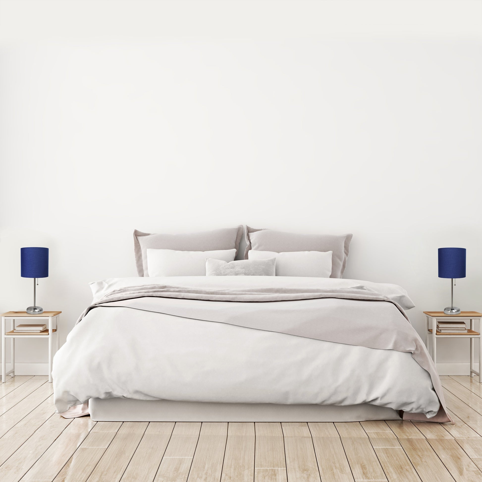All The Rages LimeLights 2-Piece Brushed Steel Stick Lamps With USB Charging Port & Light Navy Fabric Shades