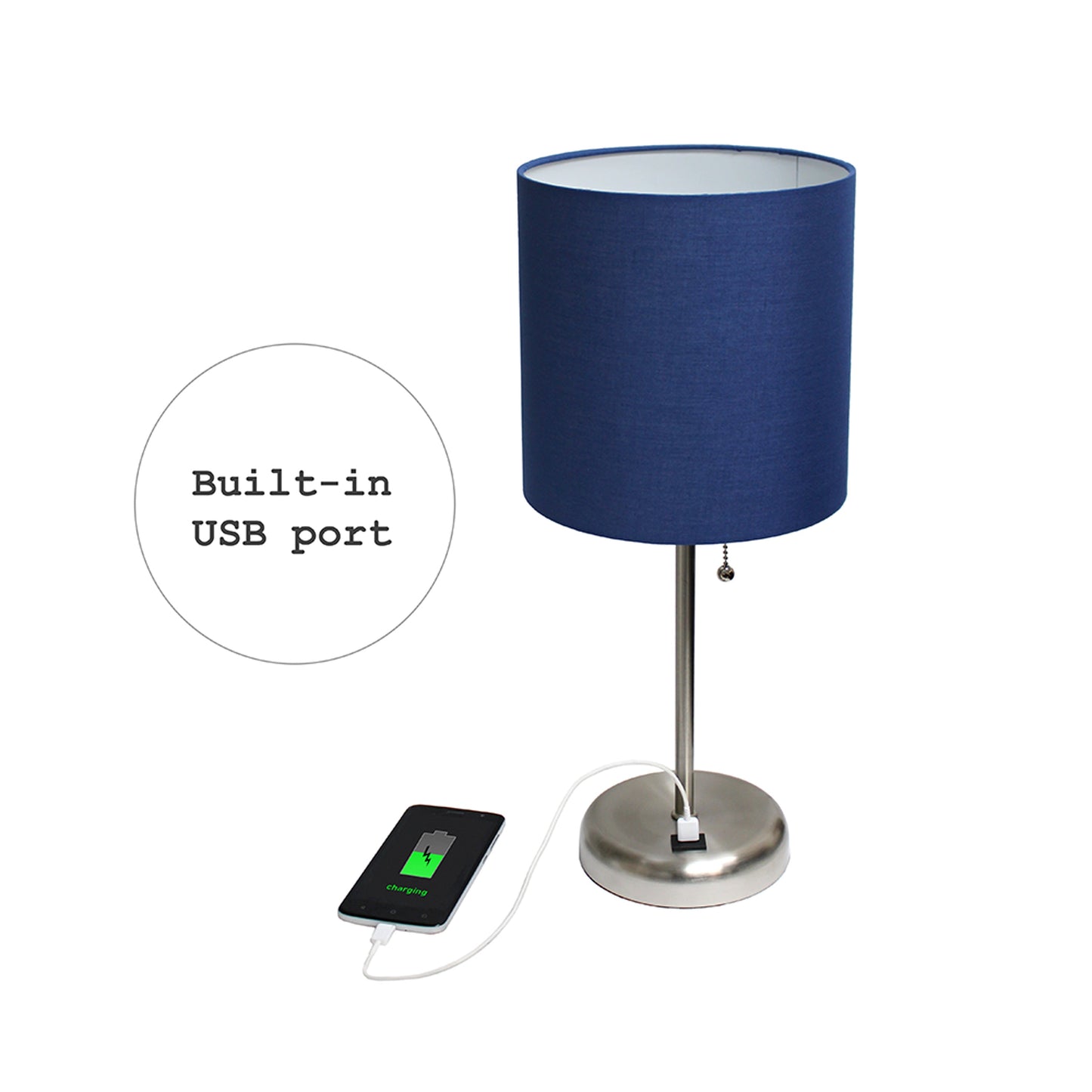 All The Rages LimeLights 2-Piece Brushed Steel Stick Lamps With USB Charging Port & Light Navy Fabric Shades