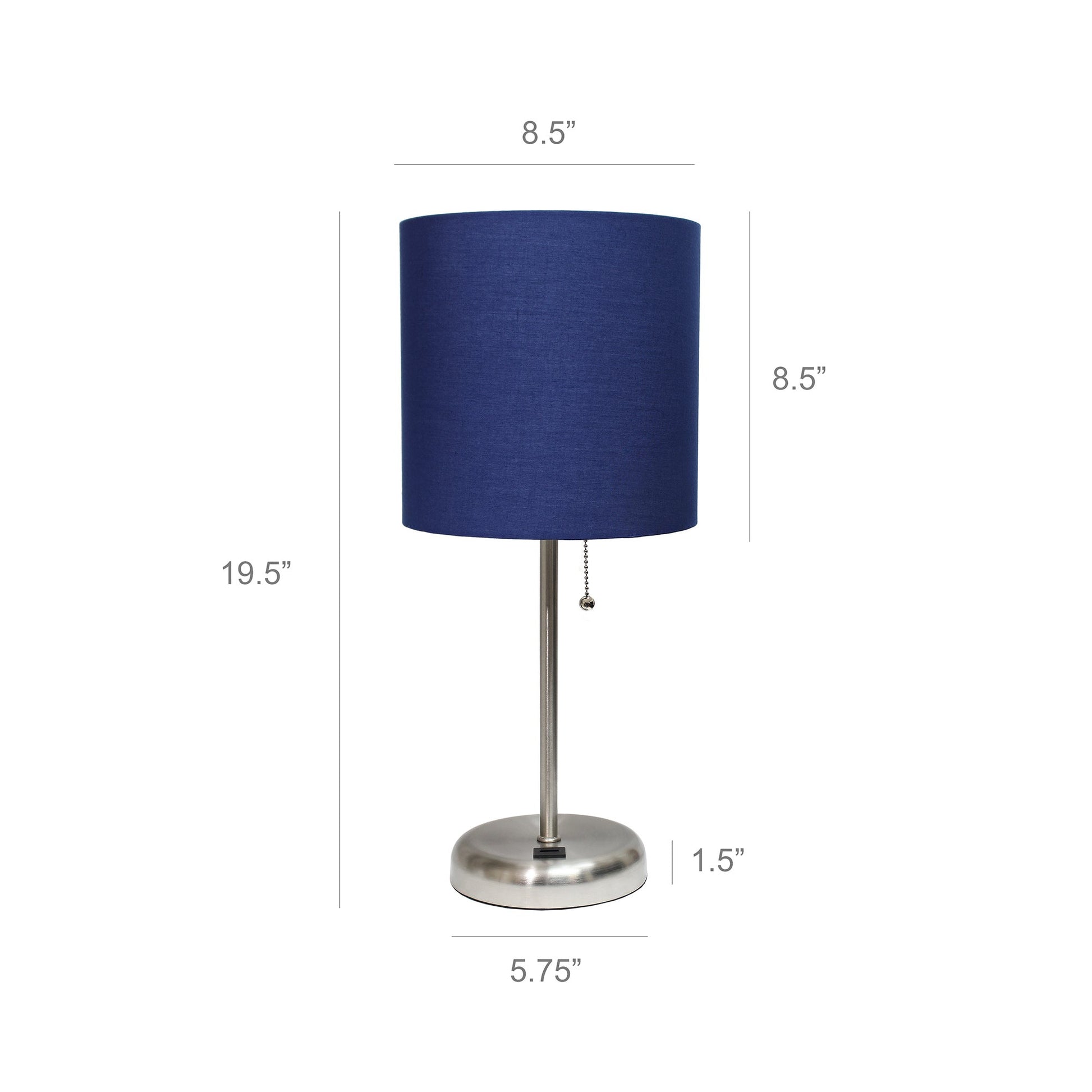 All The Rages LimeLights 2-Piece Brushed Steel Stick Lamps With USB Charging Port & Light Navy Fabric Shades