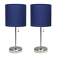 All The Rages LimeLights 2-Piece Brushed Steel Stick Lamps With USB Charging Port & Light Navy Fabric Shades