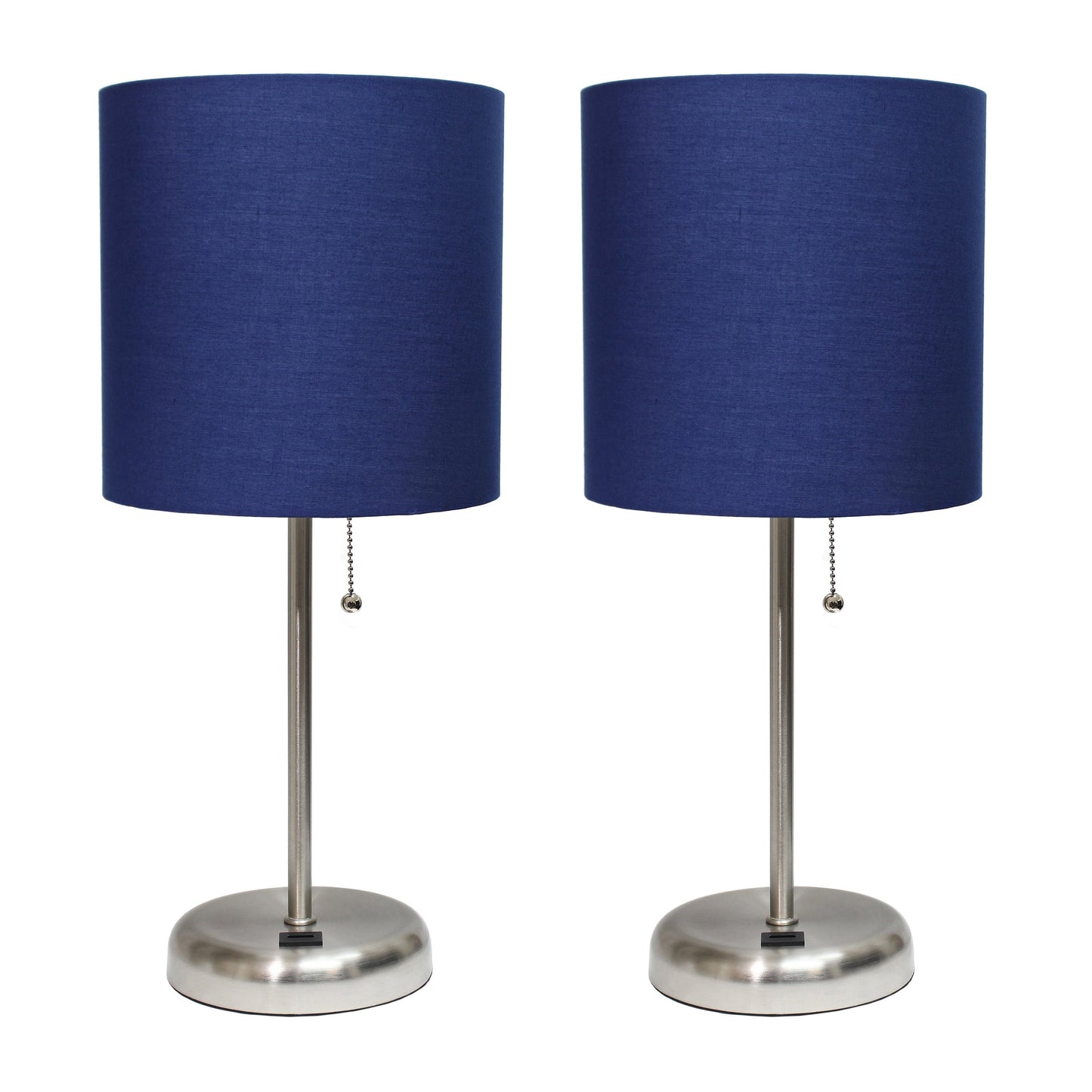 All The Rages LimeLights 2-Piece Brushed Steel Stick Lamps With USB Charging Port & Light Navy Fabric Shades