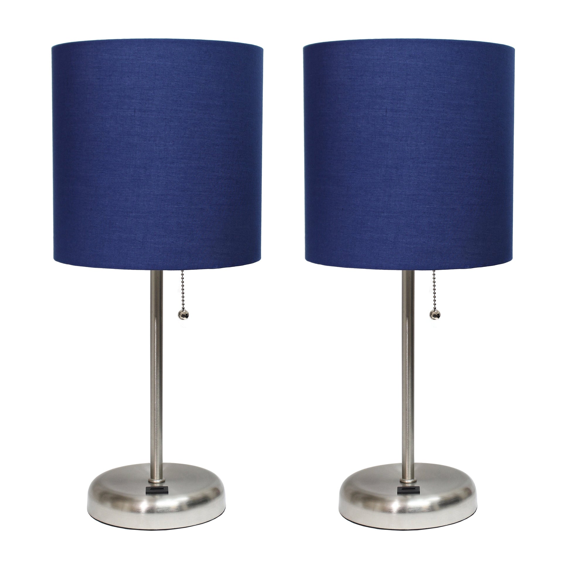 All The Rages LimeLights 2-Piece Brushed Steel Stick Lamps With USB Charging Port & Light Navy Fabric Shades