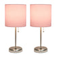 All The Rages LimeLights 2-Piece Brushed Steel Stick Lamps With USB Charging Port & Light Pink Fabric Shades
