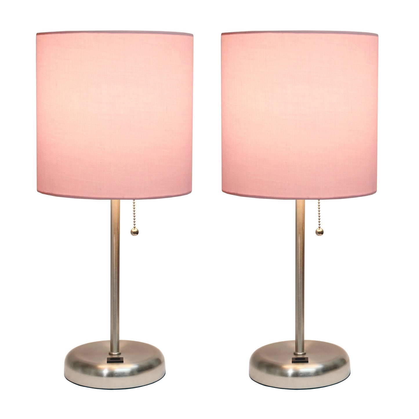 All The Rages LimeLights 2-Piece Brushed Steel Stick Lamps With USB Charging Port & Light Pink Fabric Shades