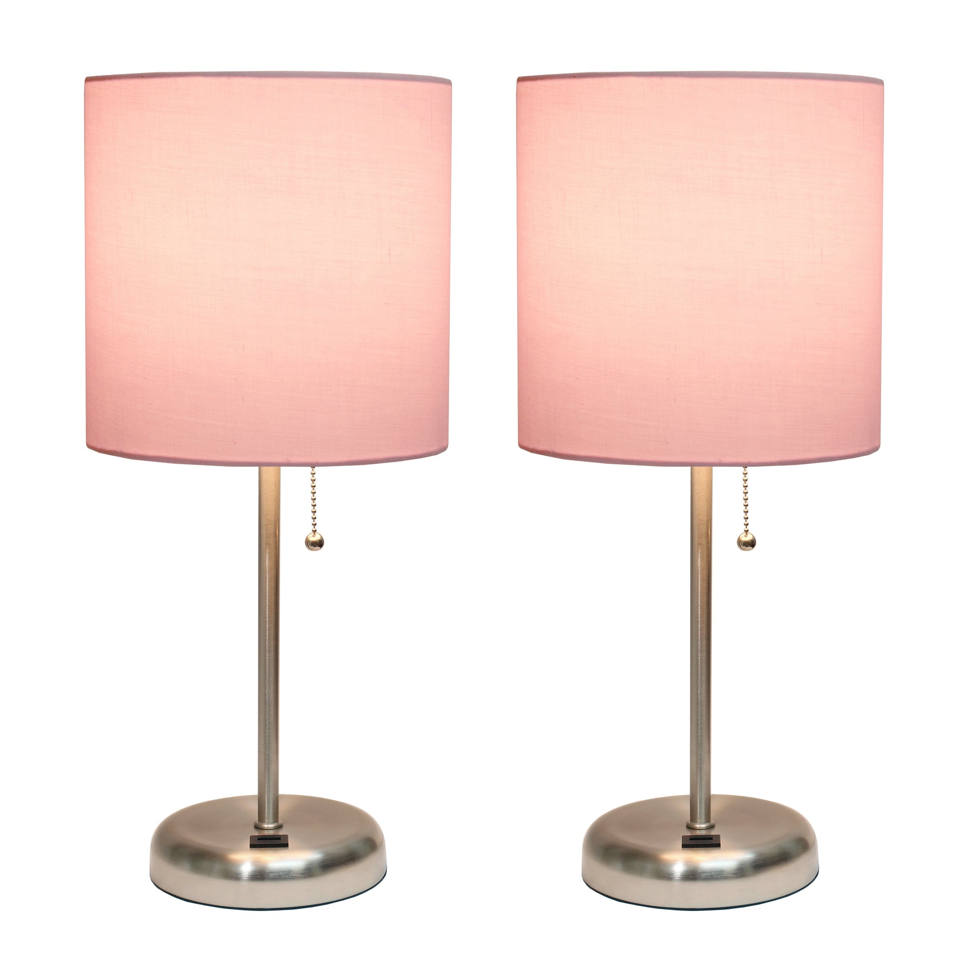 All The Rages LimeLights 2-Piece Brushed Steel Stick Lamps With USB Charging Port & Light Pink Fabric Shades