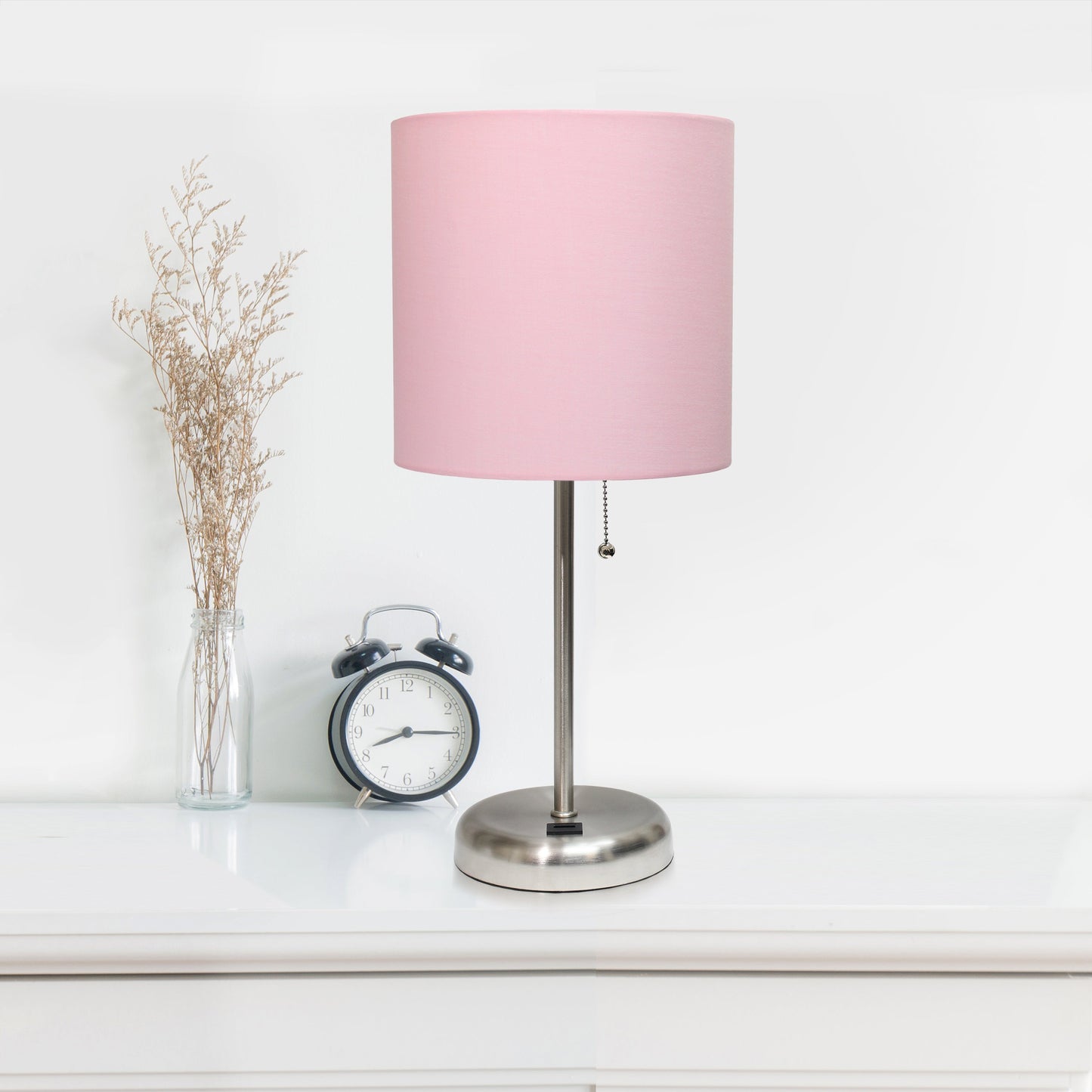 All The Rages LimeLights 2-Piece Brushed Steel Stick Lamps With USB Charging Port & Light Pink Fabric Shades
