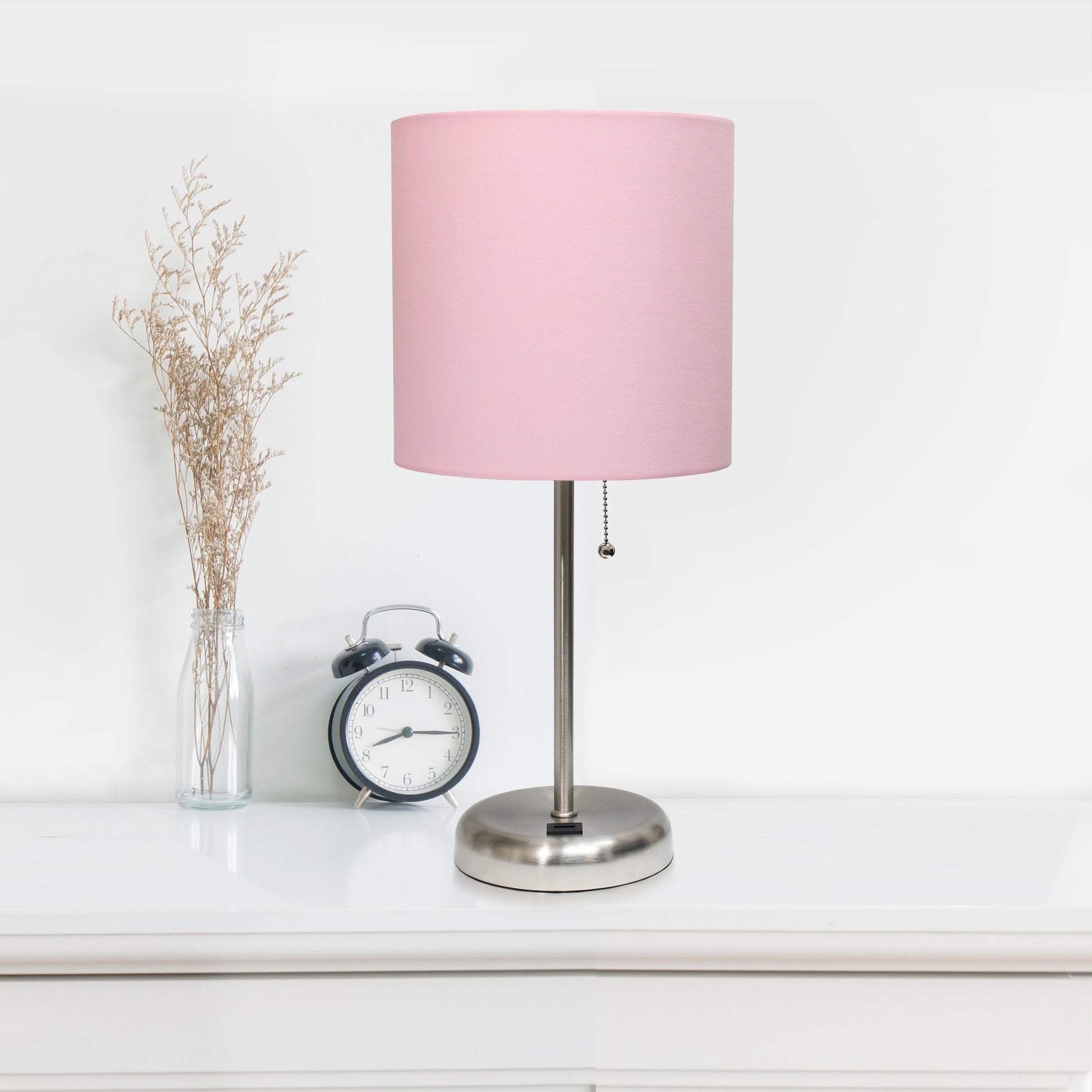All The Rages LimeLights 2-Piece Brushed Steel Stick Lamps With USB Charging Port & Light Pink Fabric Shades