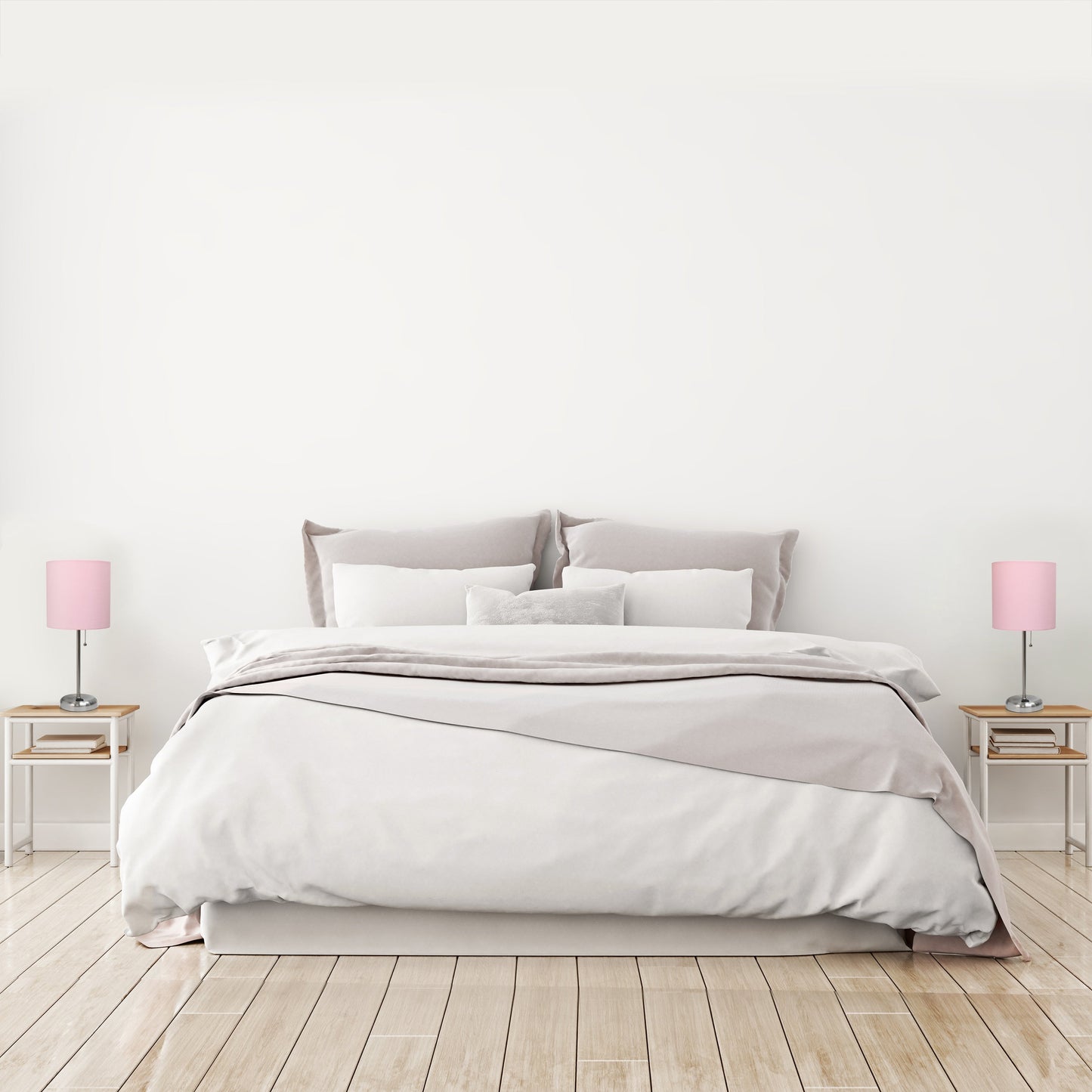 All The Rages LimeLights 2-Piece Brushed Steel Stick Lamps With USB Charging Port & Light Pink Fabric Shades