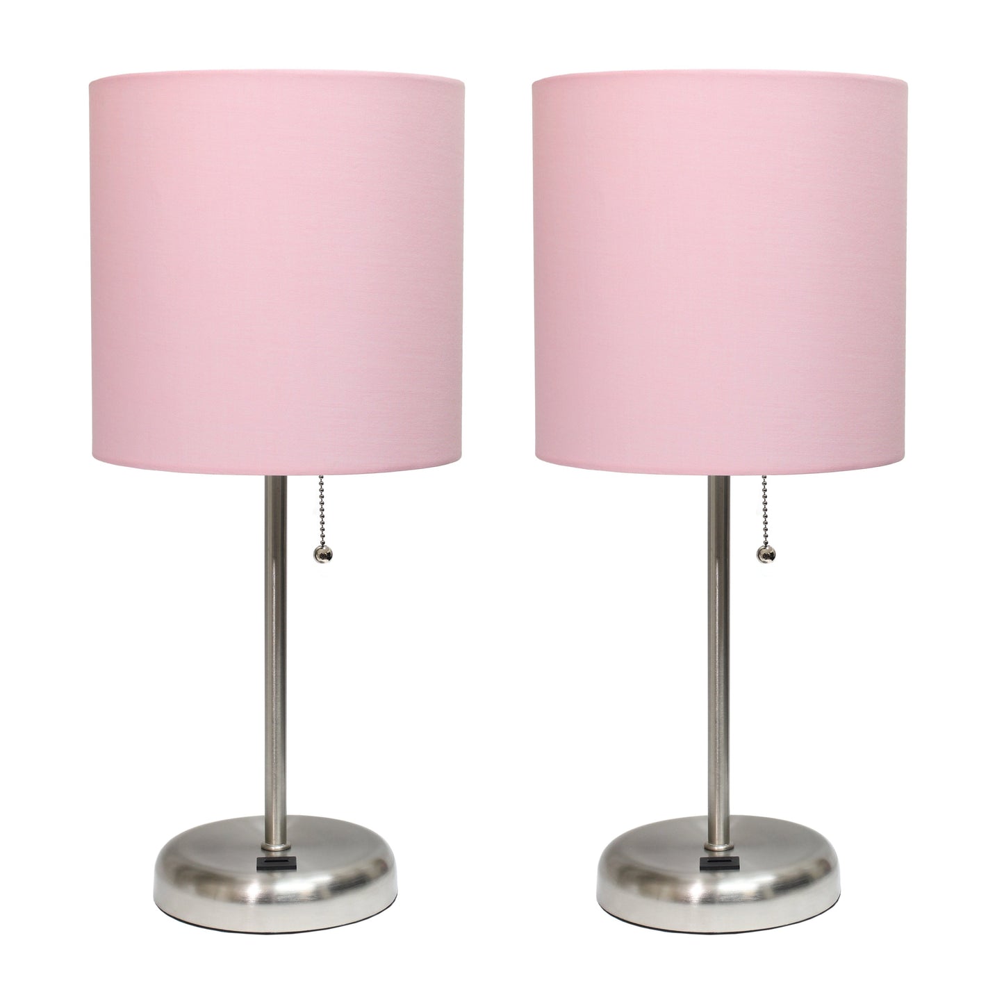 All The Rages LimeLights 2-Piece Brushed Steel Stick Lamps With USB Charging Port & Light Pink Fabric Shades